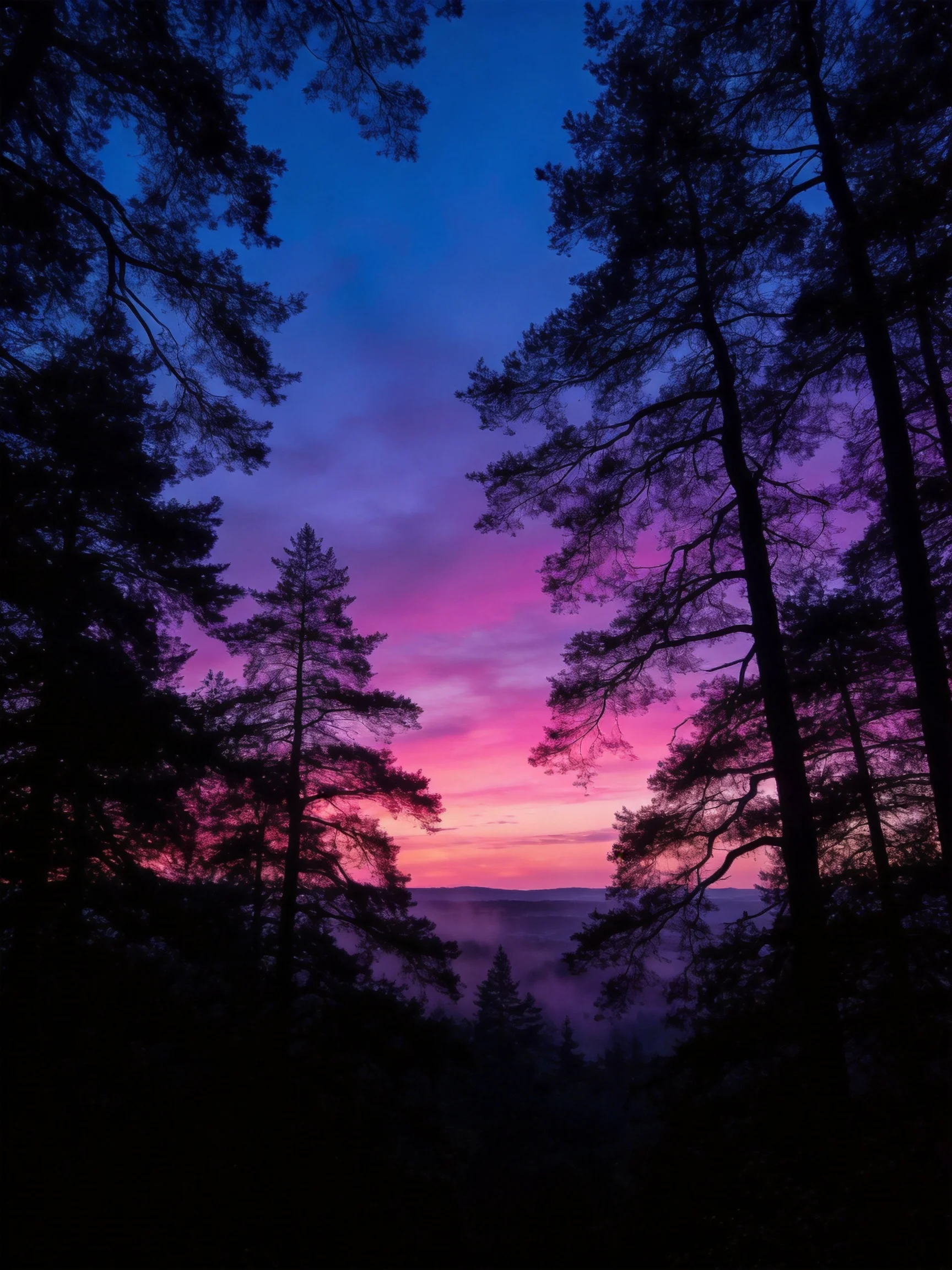 Silhouetted pine trees frame a vibrant twilight sky