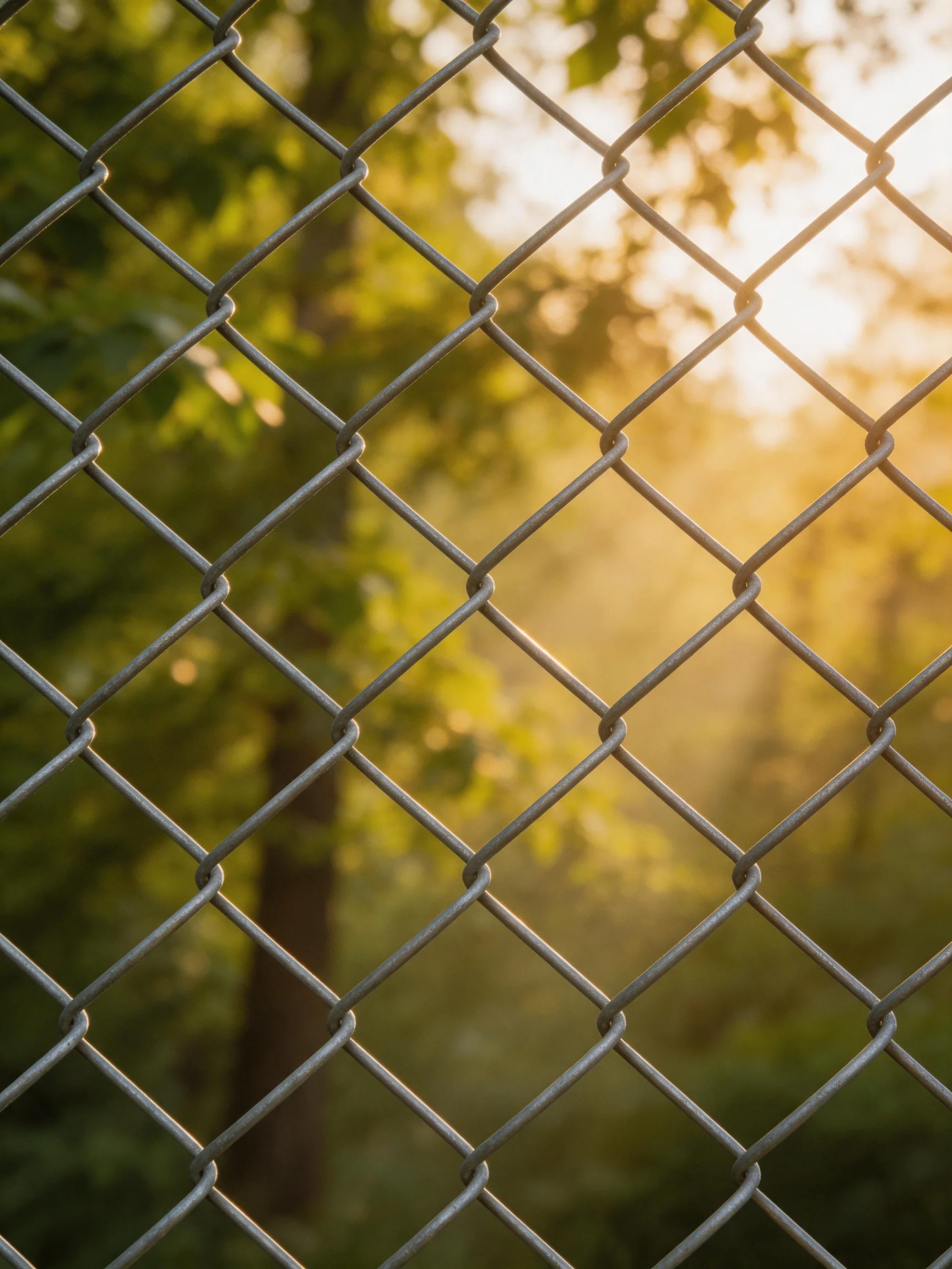 Silver chain-link fence with blurred green foliage and golden sunlight