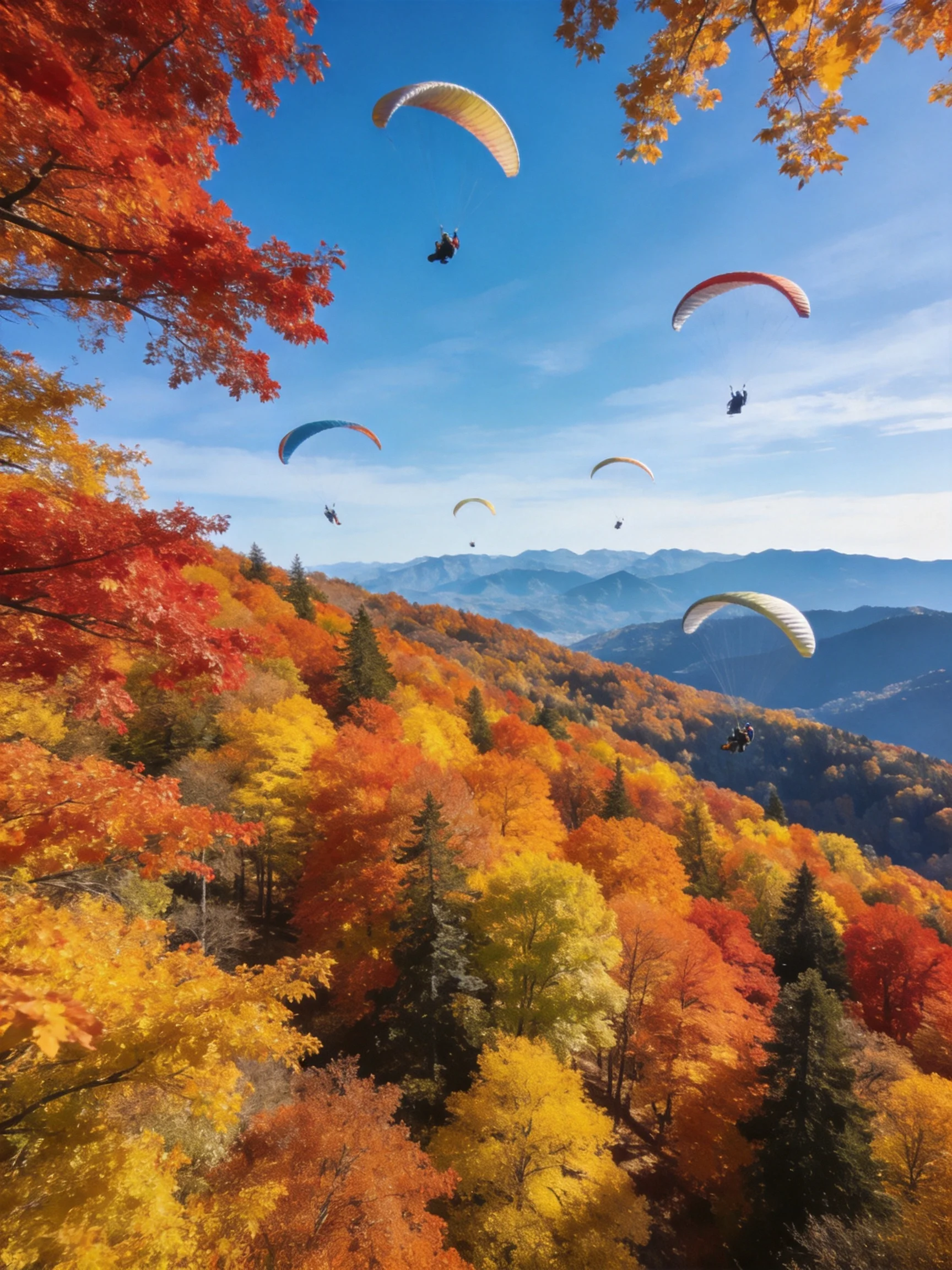 Six Paragliders Soar Above Vibrant Autumn Forests