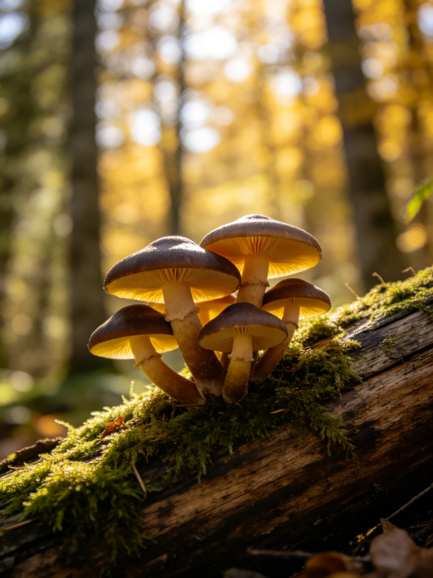 Six brown-capped mushrooms cluster on a mossy fallen log in golden forest light