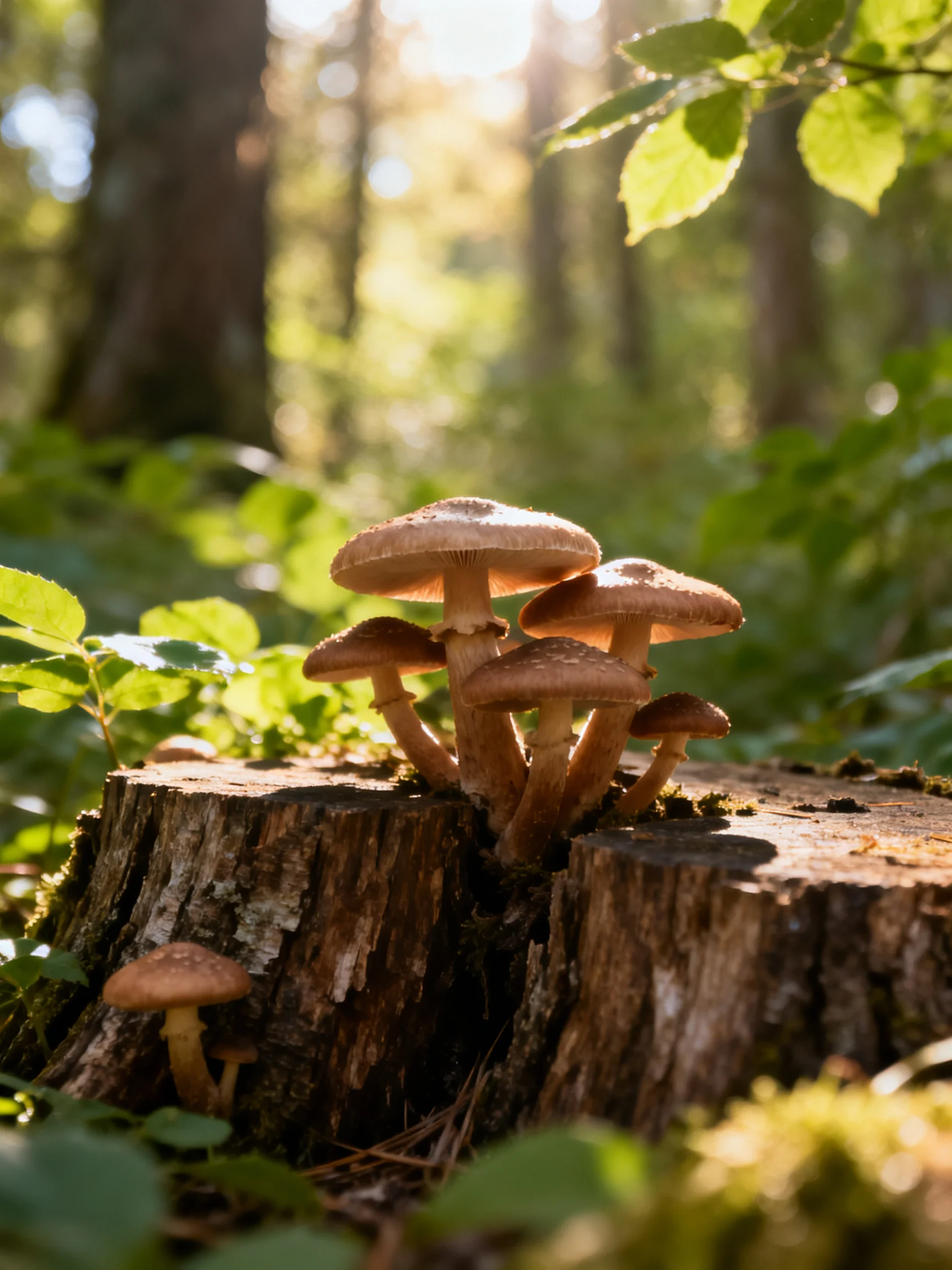 Six brown mushrooms cluster atop a weathered tree stump in a sunlit forest