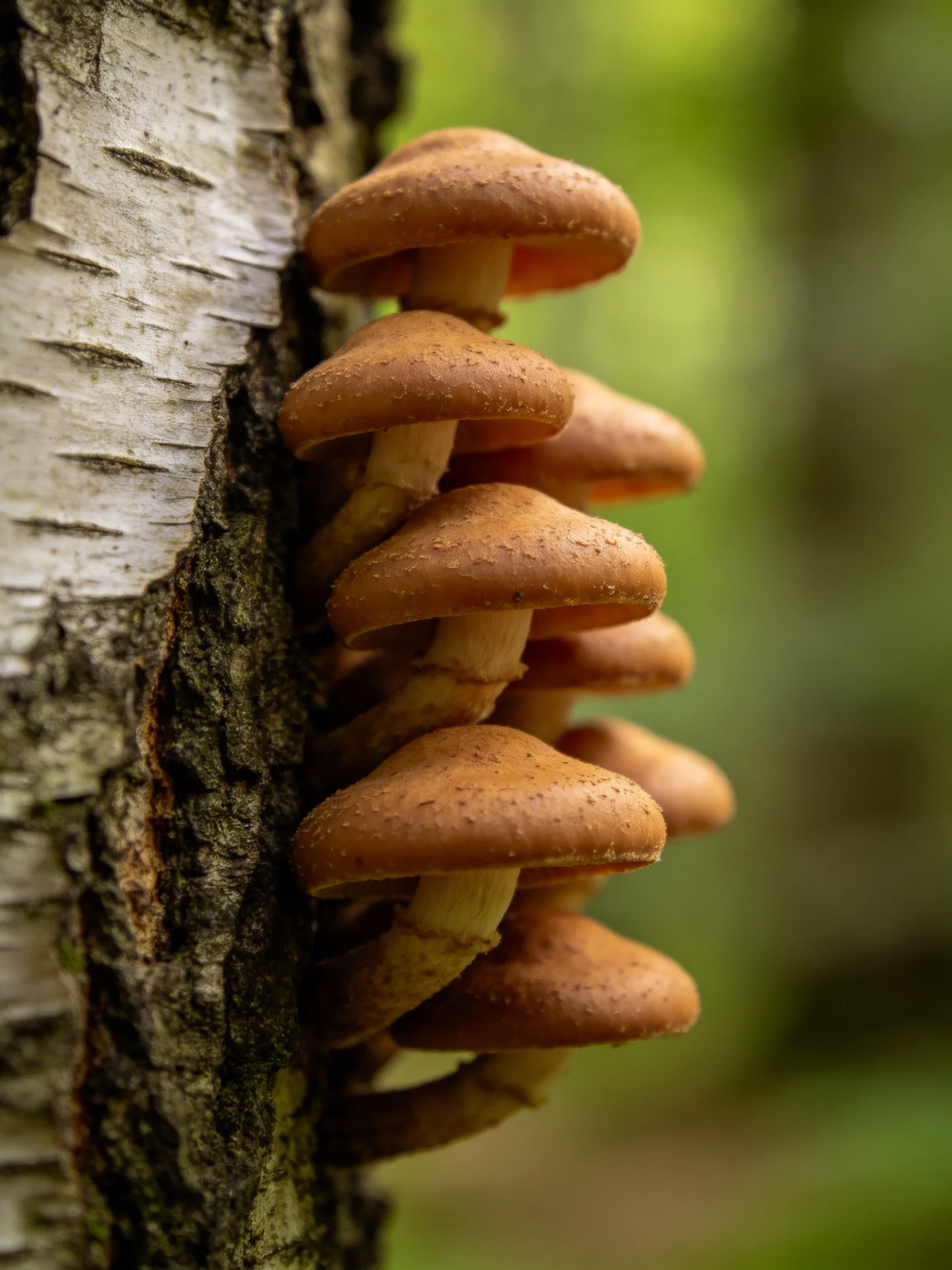Six brown mushrooms growing on a birch tree trunk