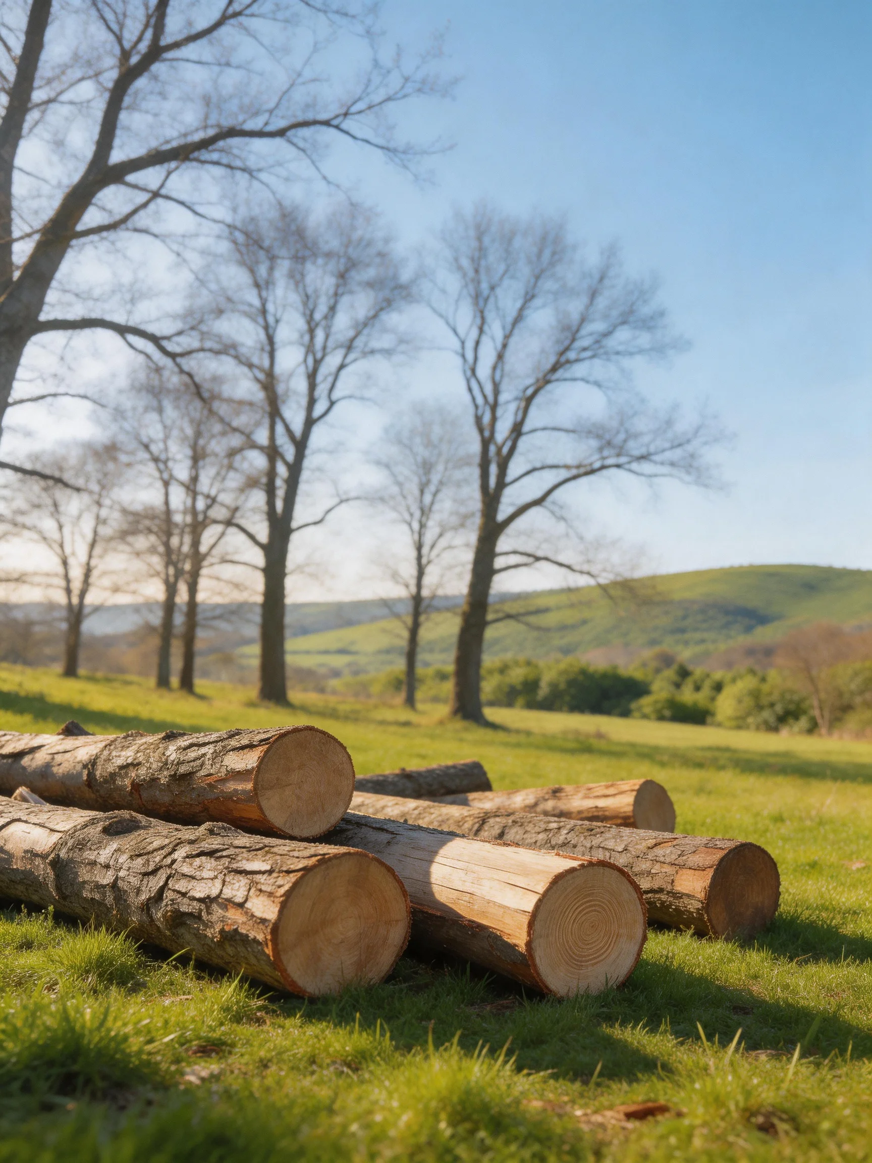 Six cut logs sit on a verdant meadow near leafless trees and rolling hills