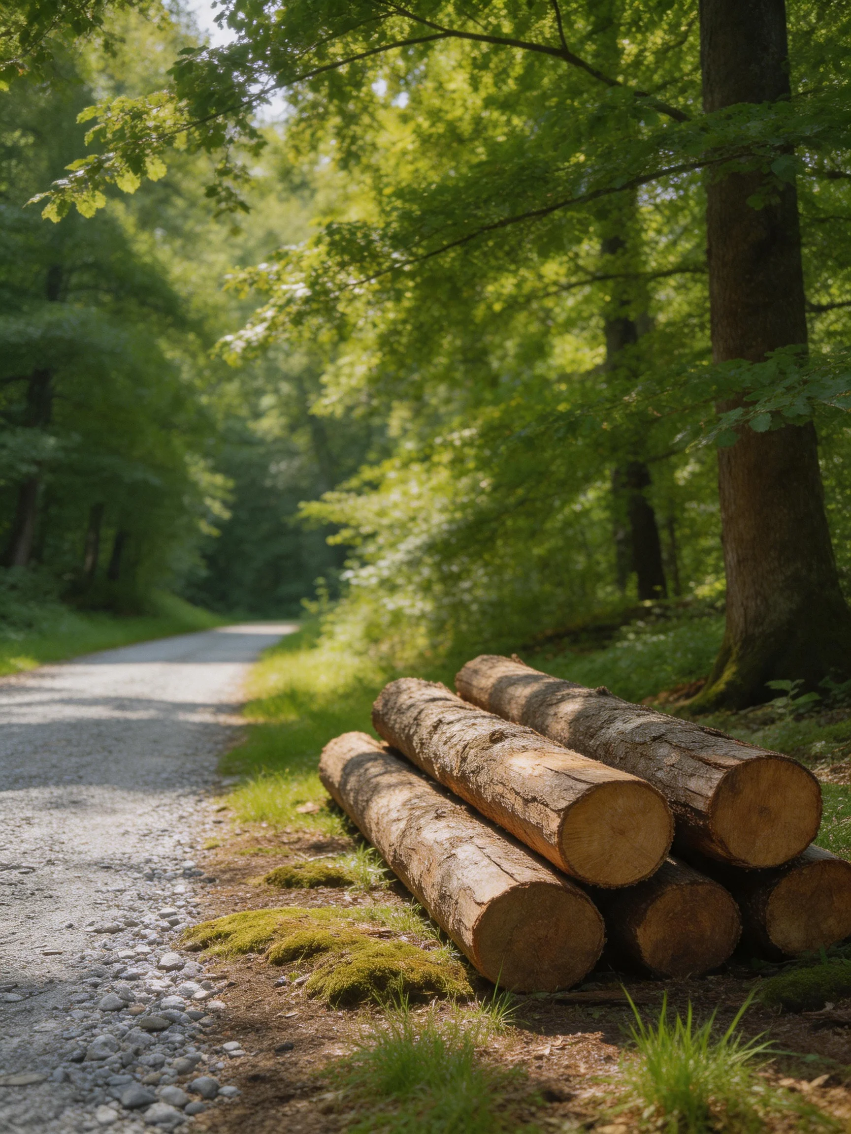 Six cut logs stacked near a gravel forest path with lush greenery