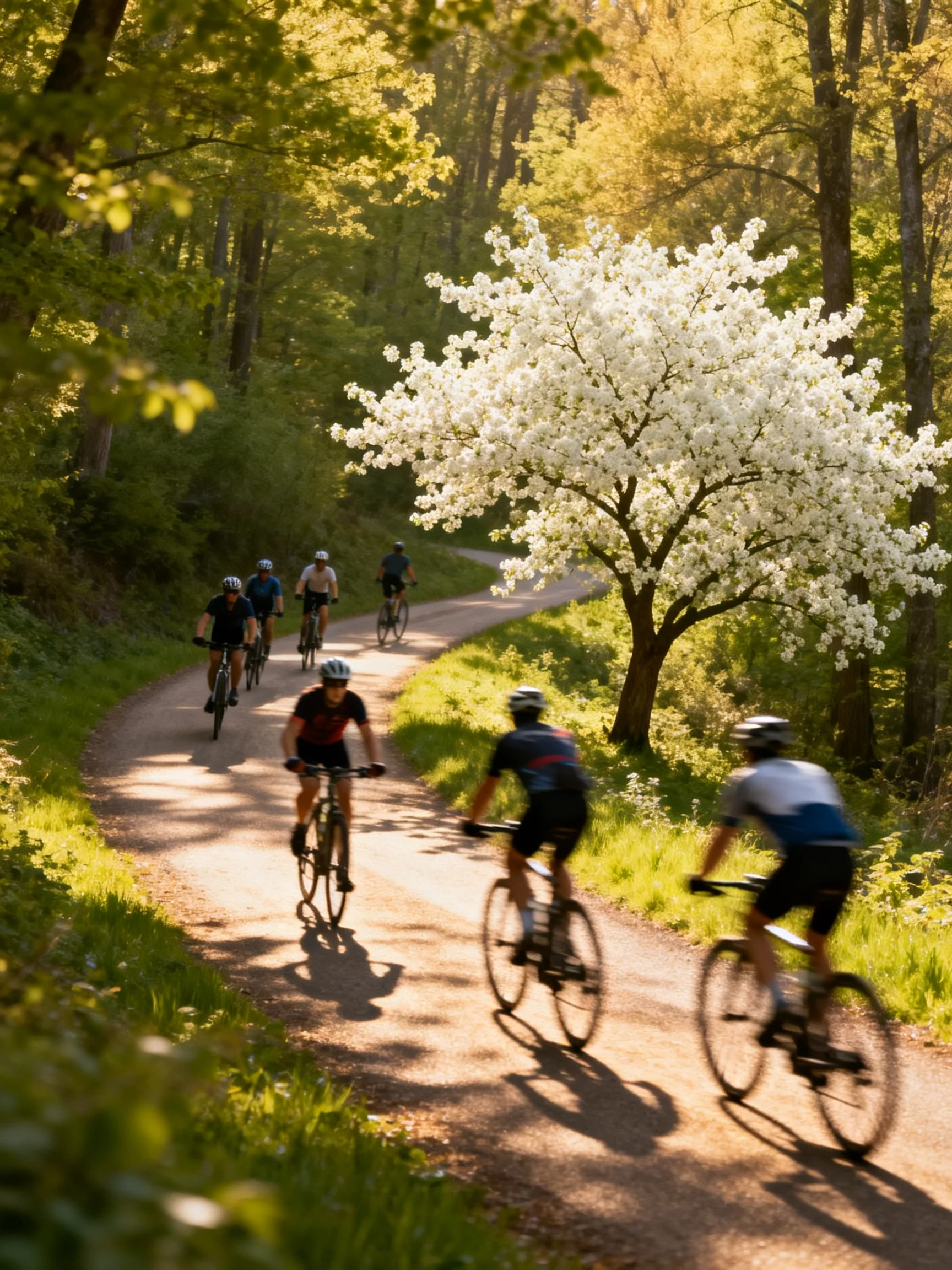 Six cyclists ride along a sunlit forest path near a white-blossomed tree