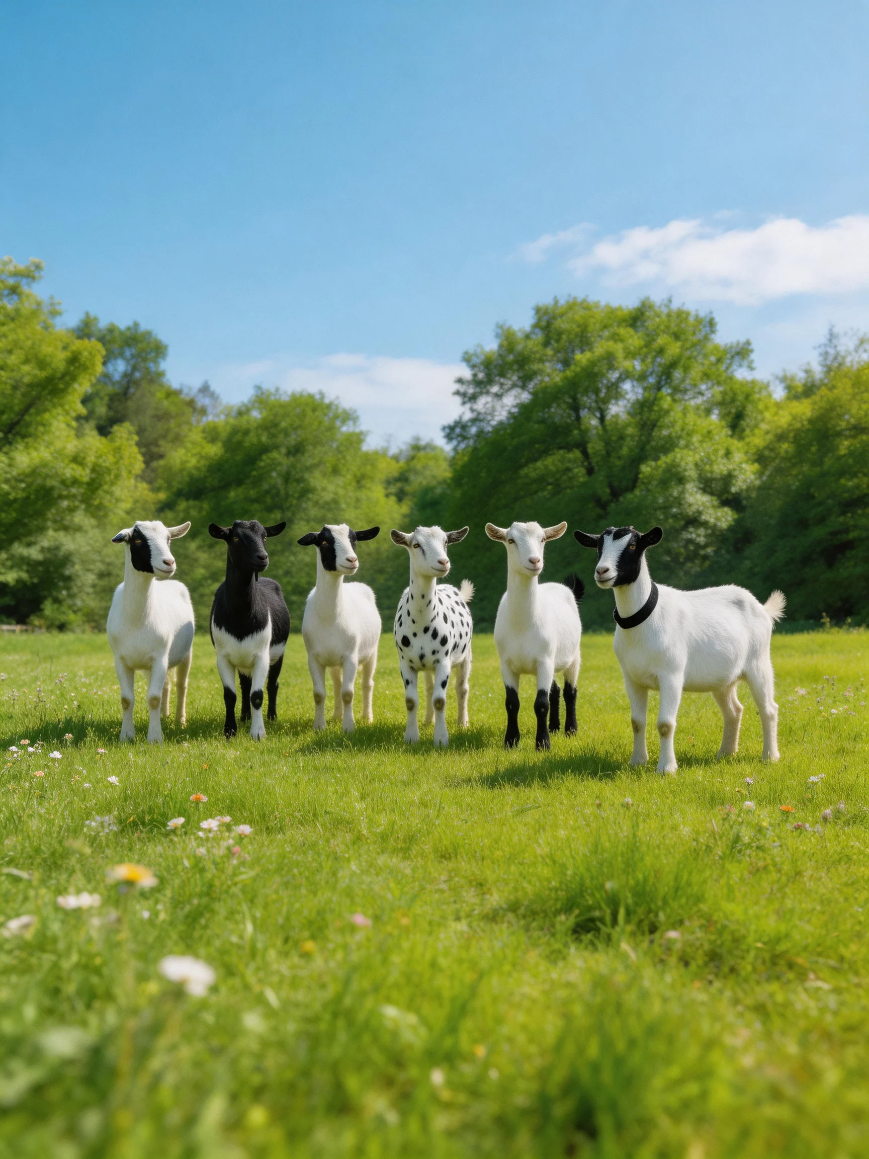 Six goats of diverse colors stand in a sunny green meadow