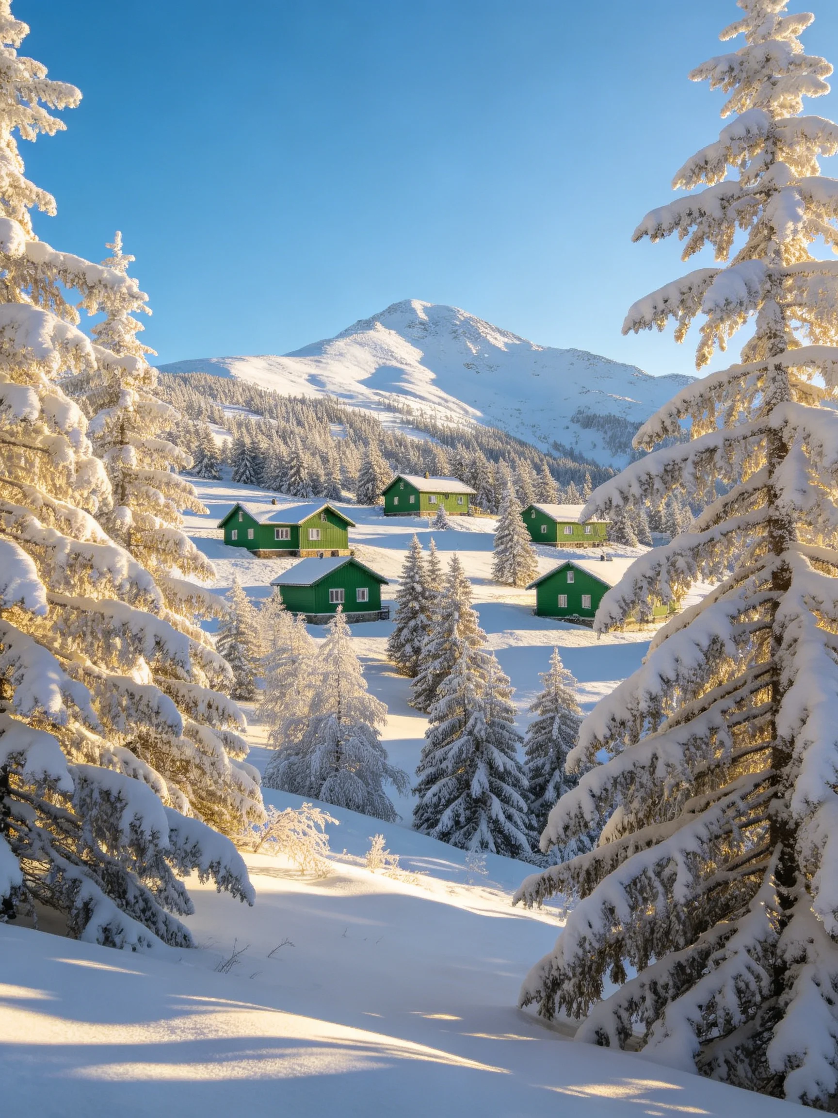 Six green cabins in a snowy evergreen forest near a mountain