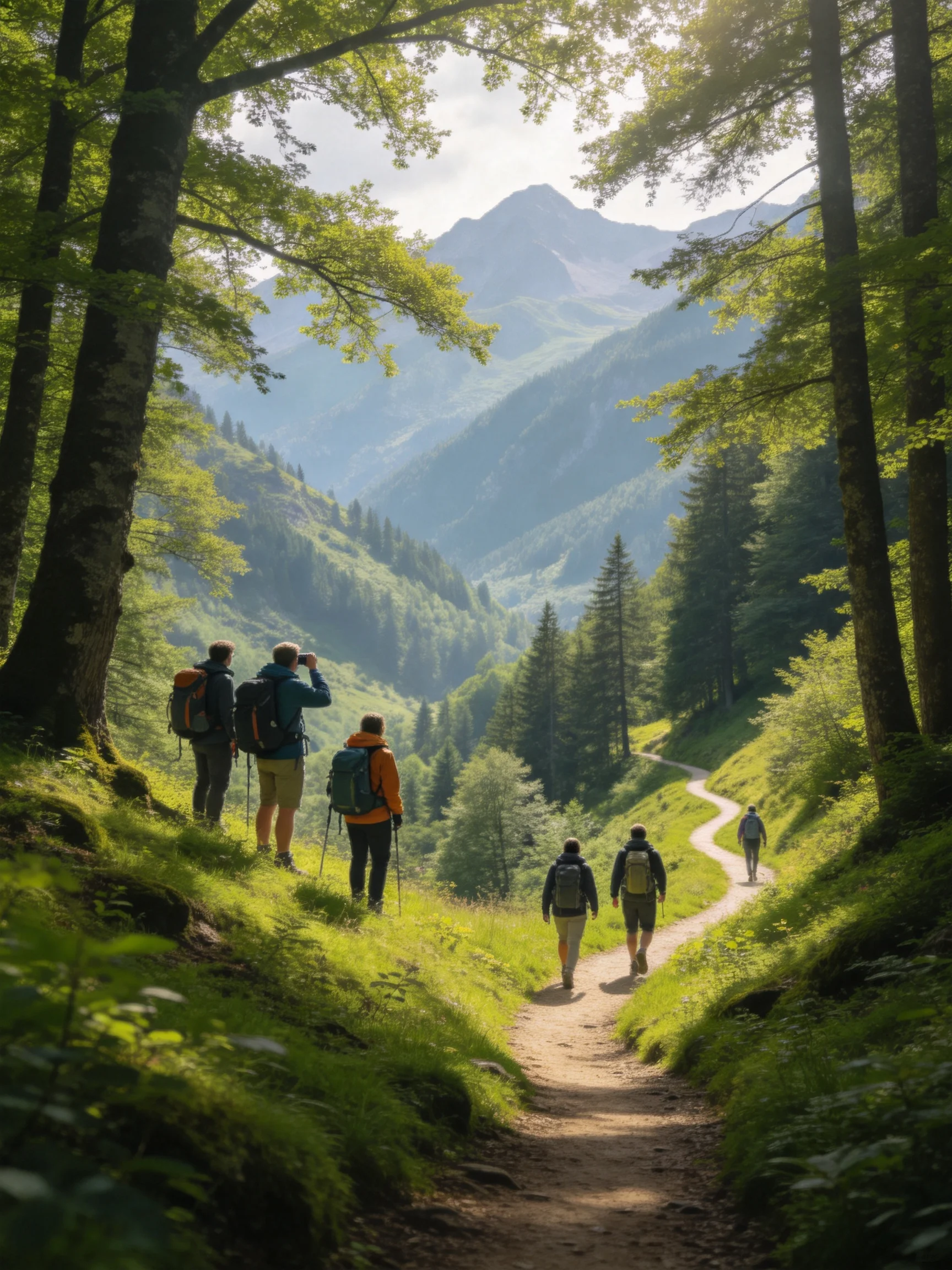 Six hikers explore a lush forest trail near misty mountain peaks