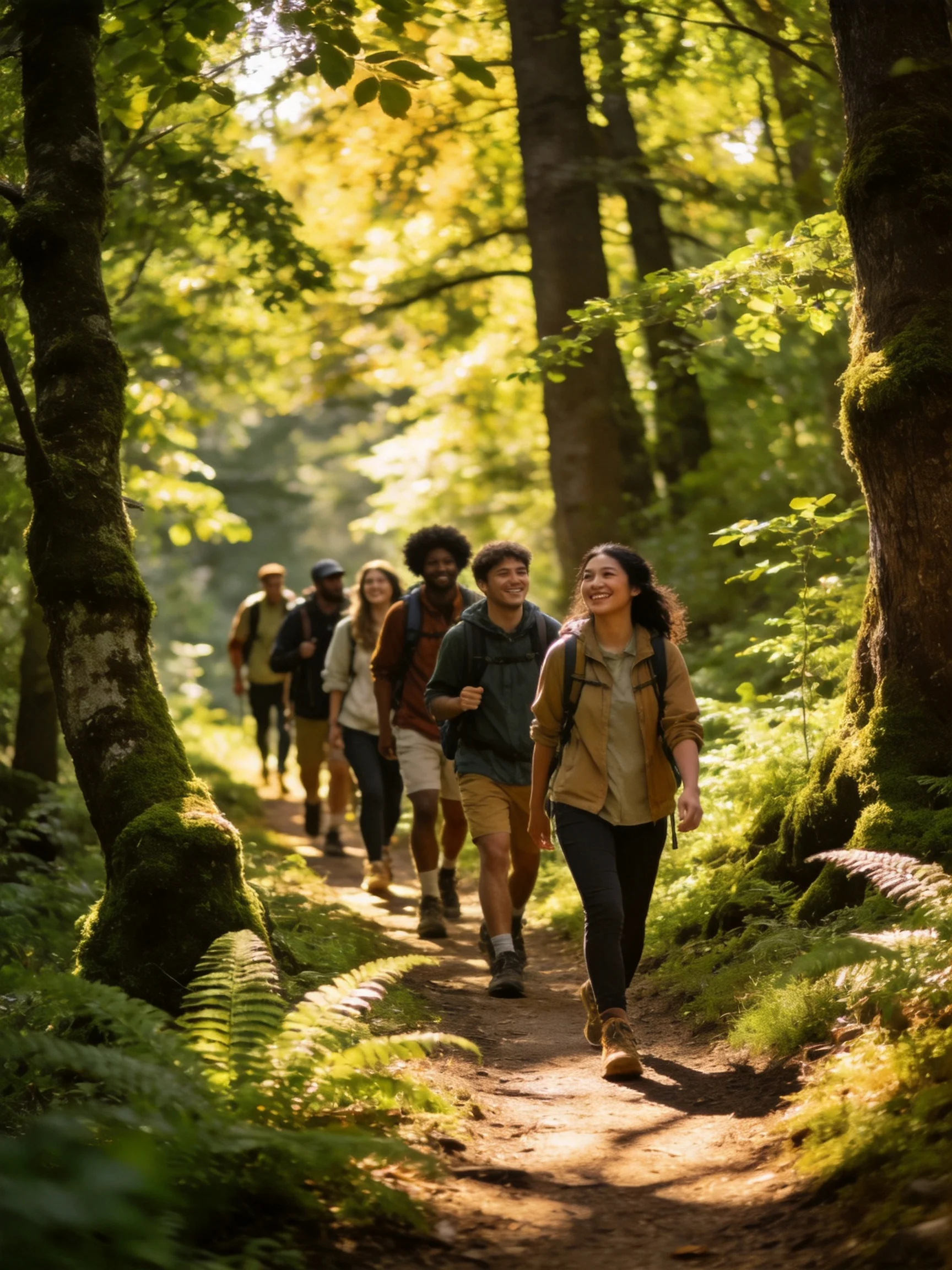 Six people hiking on a sun-dappled forest trail