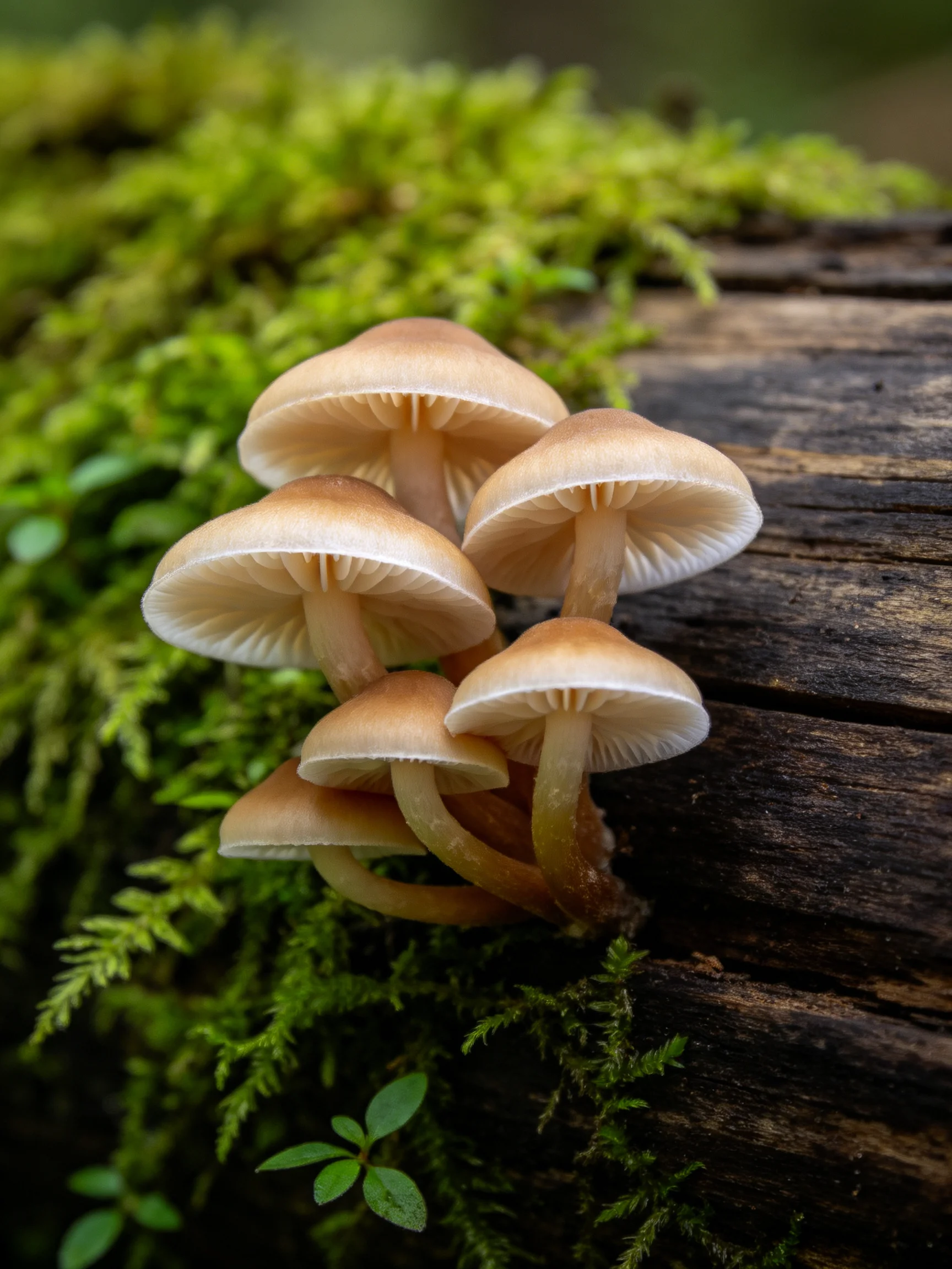 Six small brown mushrooms cluster near vibrant green moss on an aged wooden log