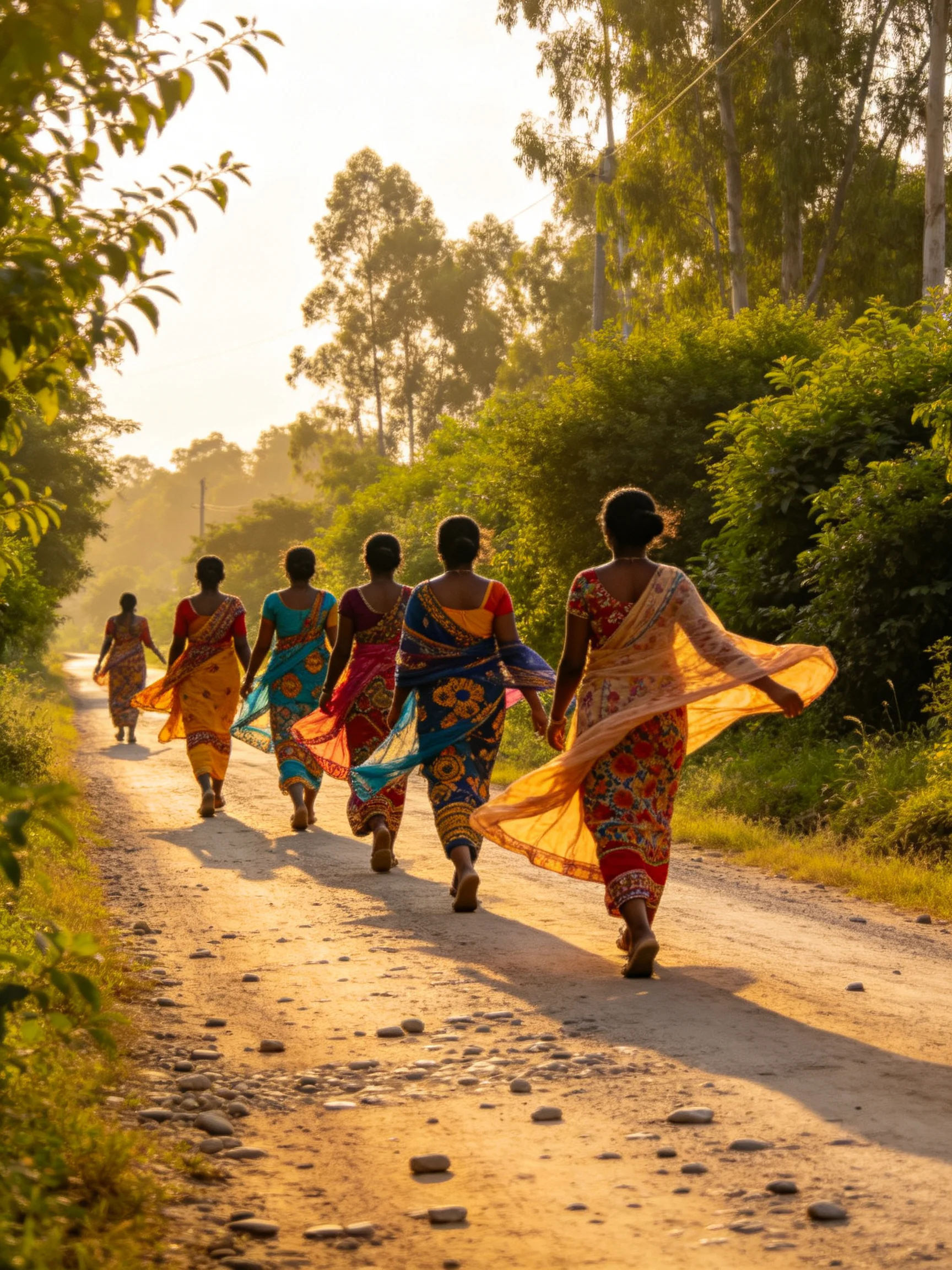 Six women in colorful saris walk along a sunlit dirt road