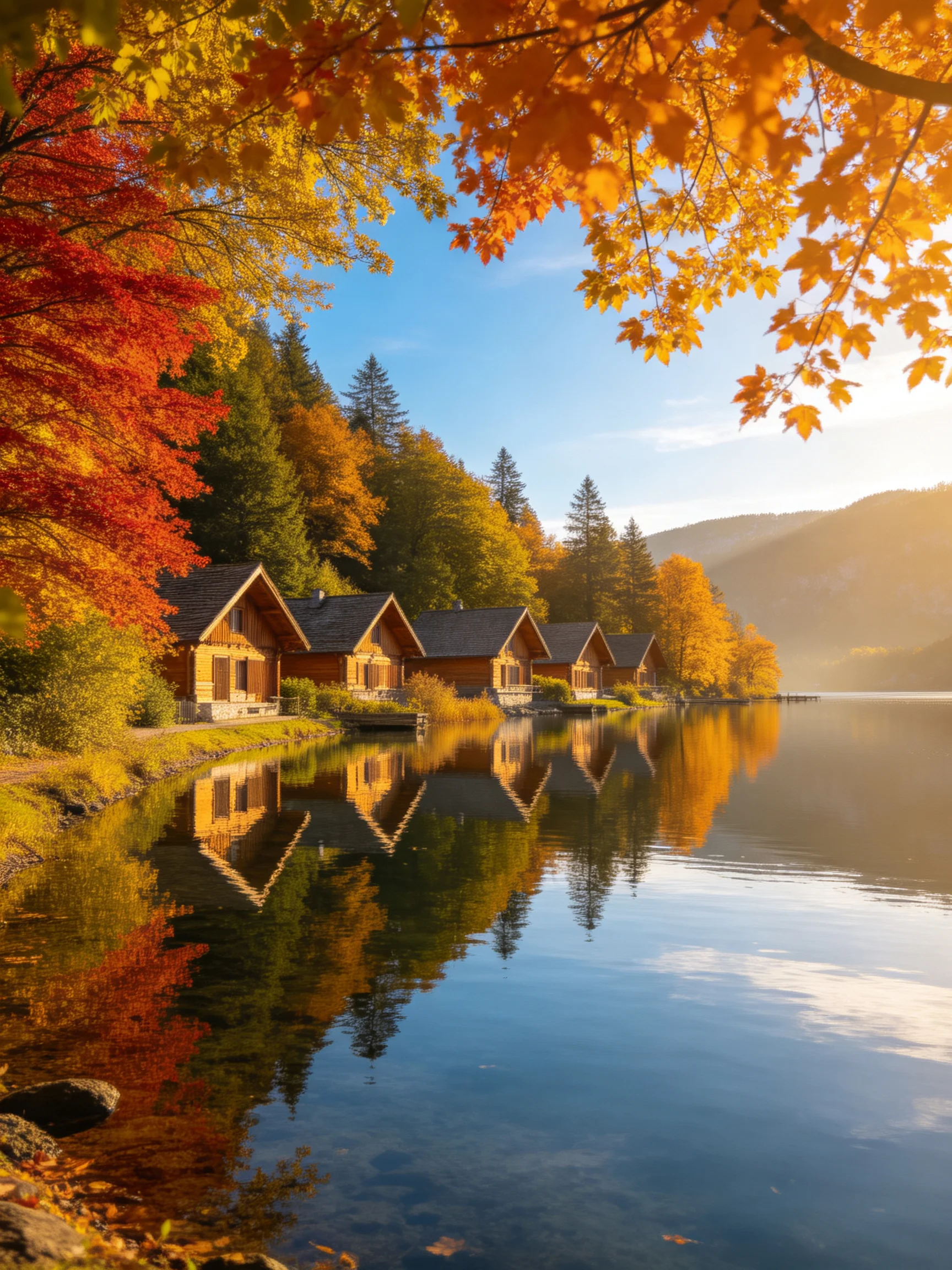 Six wooden cabins reflect on a calm lake surrounded by autumn trees