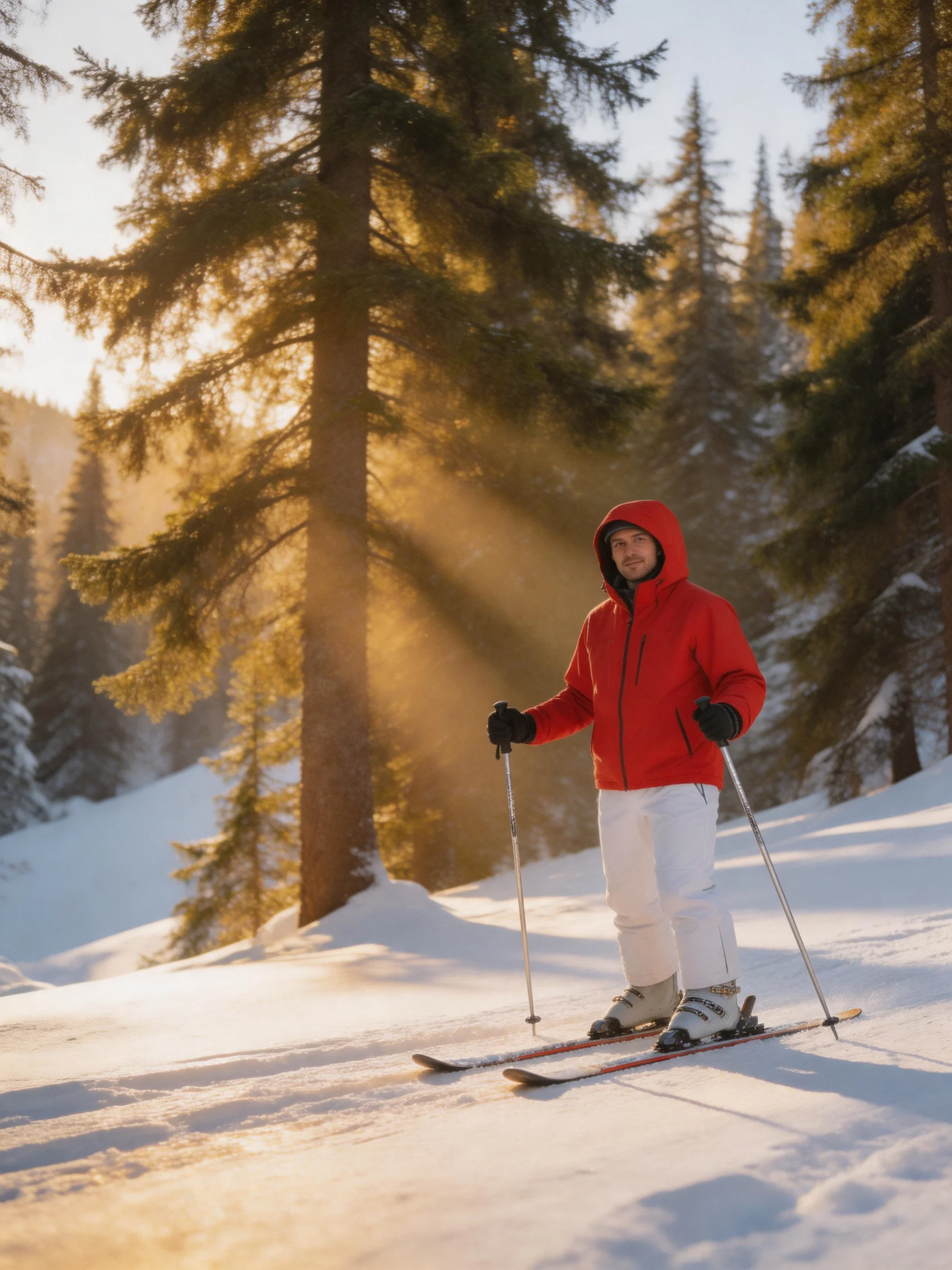 Skier in red jacket traverses sunlit snowy forest