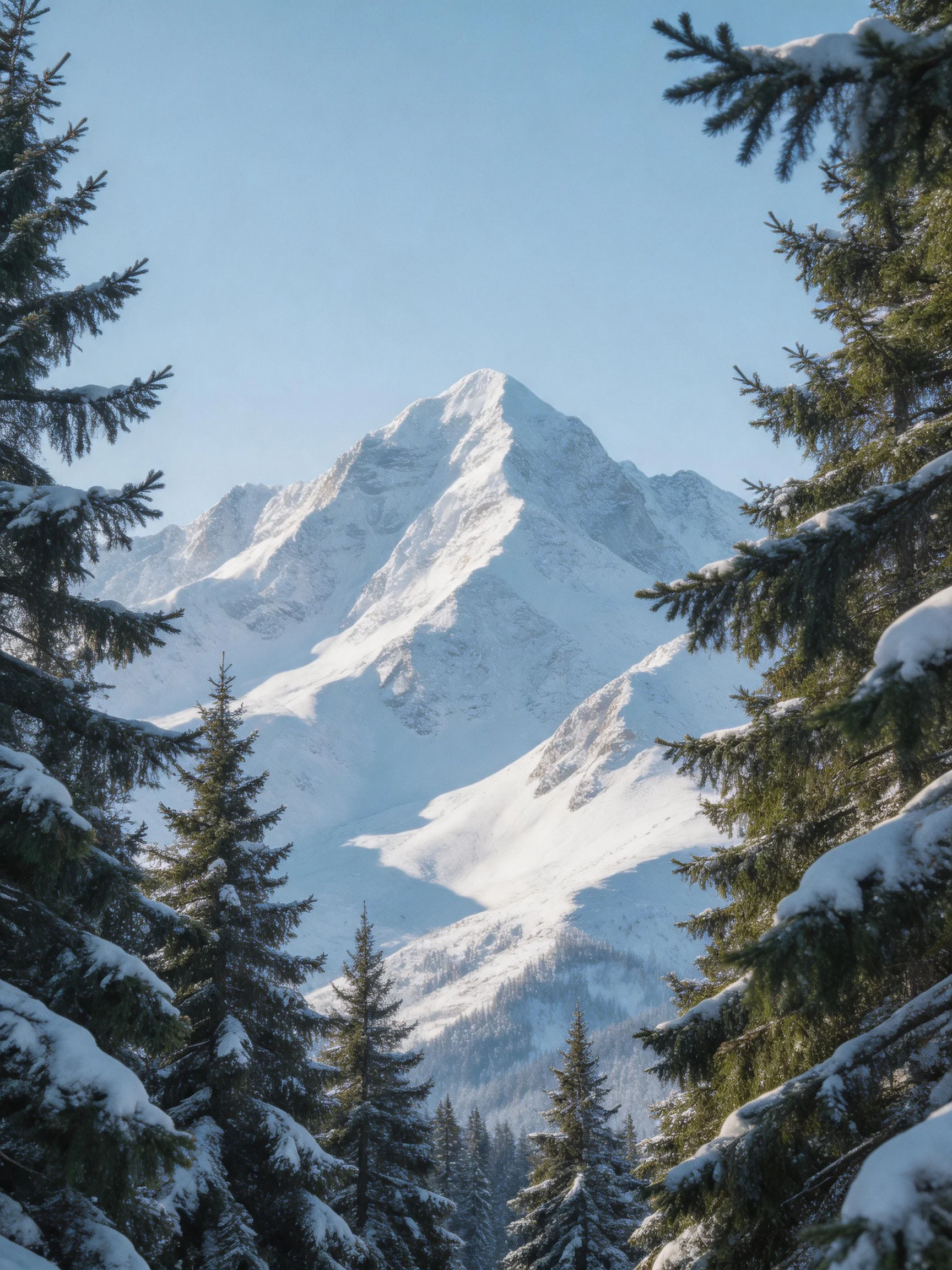 Snow - Capped Mountain Peaks Framed by Snow - Laden Evergreen Trees