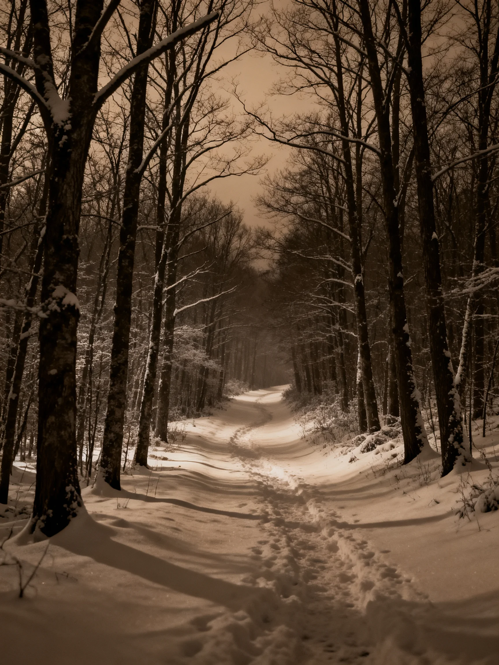 Snow - Lined Forest Path Among Tall Snow - Dusted Trees