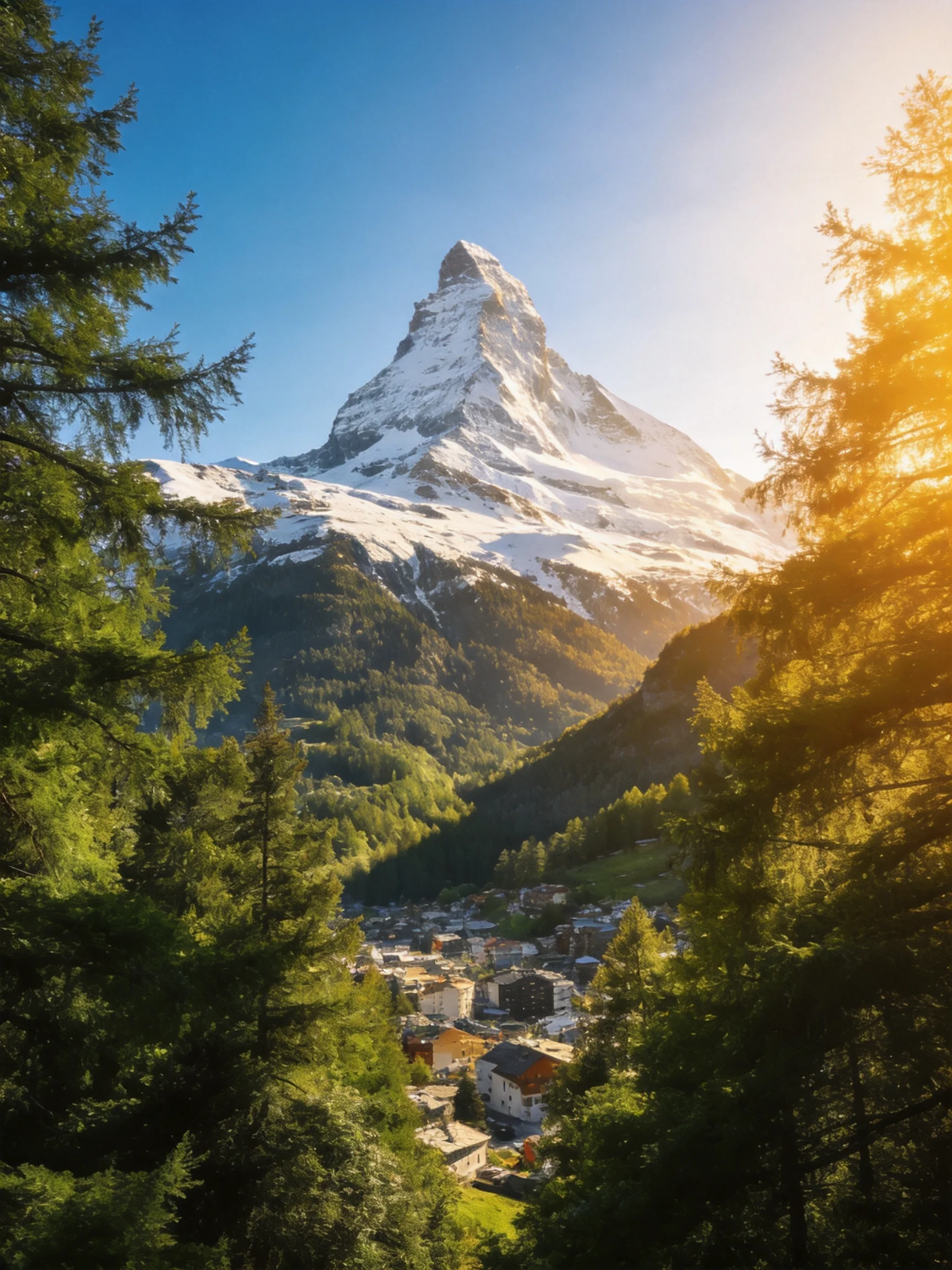 Snow - capped Matterhorn mountain overlooks village amid lush forest under golden sunlight