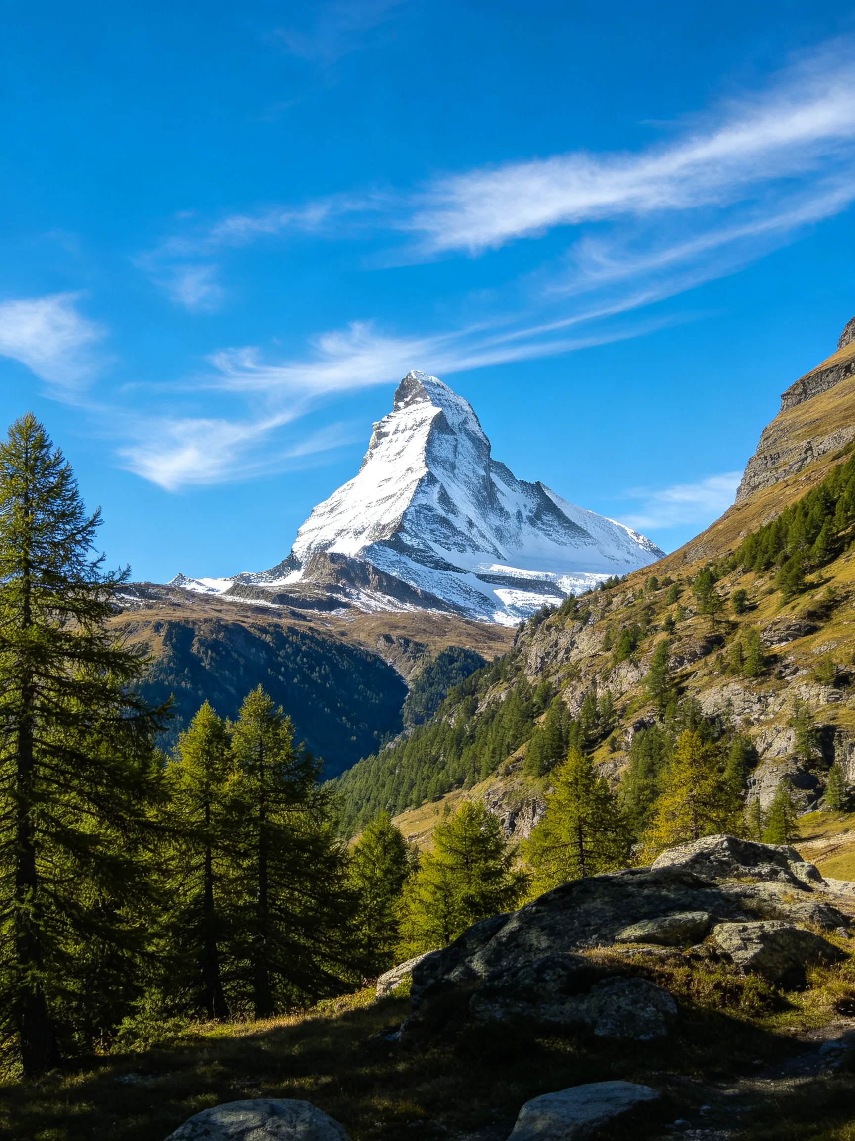 Snow - capped Matterhorn rises above lush green forests under clear blue sky