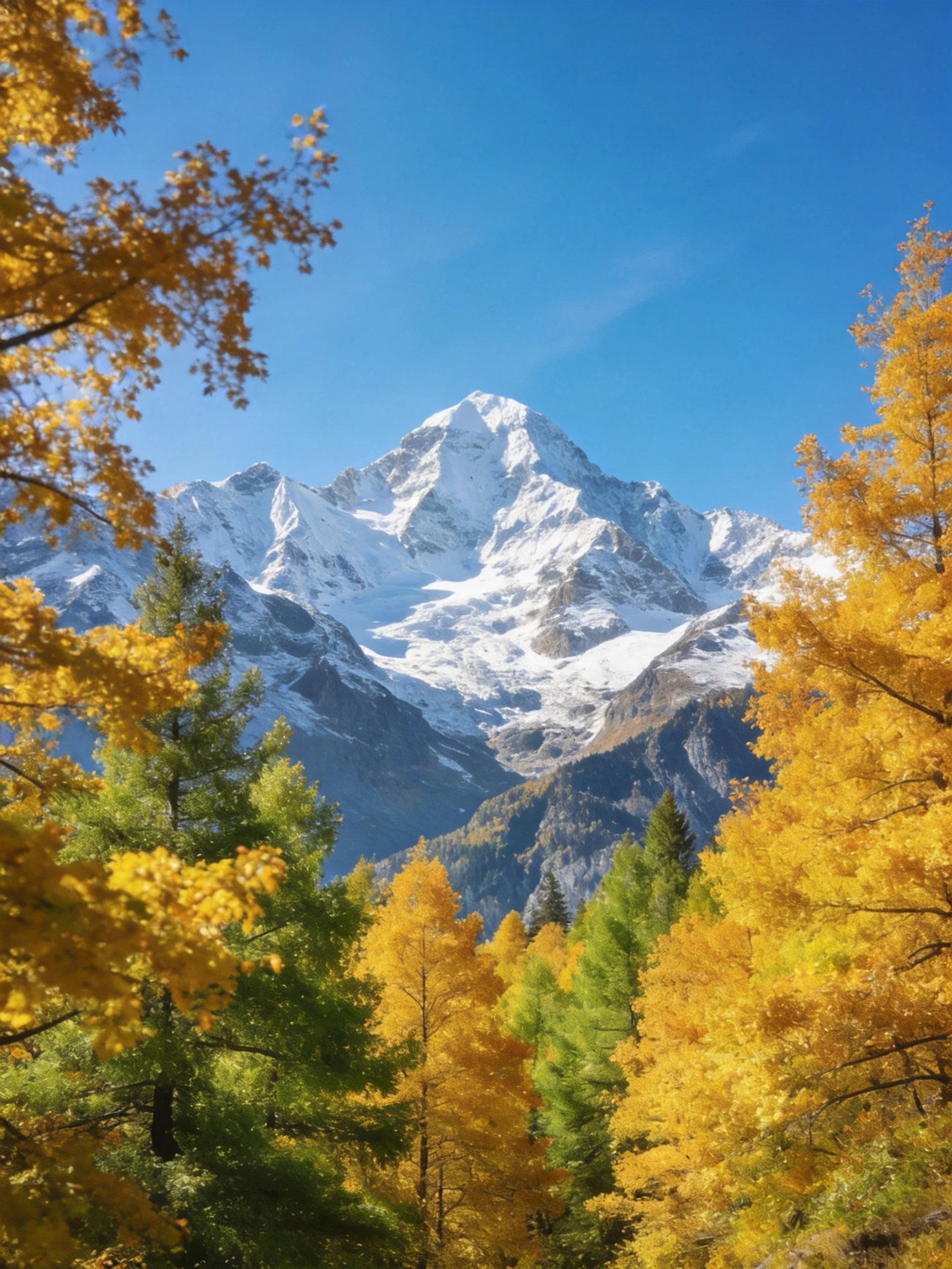 Snow - capped mountain framed by golden and green autumn trees under clear blue sky