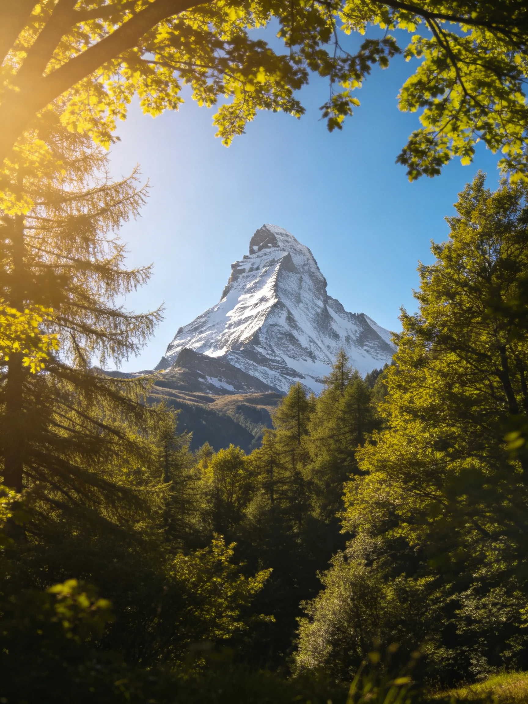 Snow - capped mountain framed by lush green forests under clear blue sky