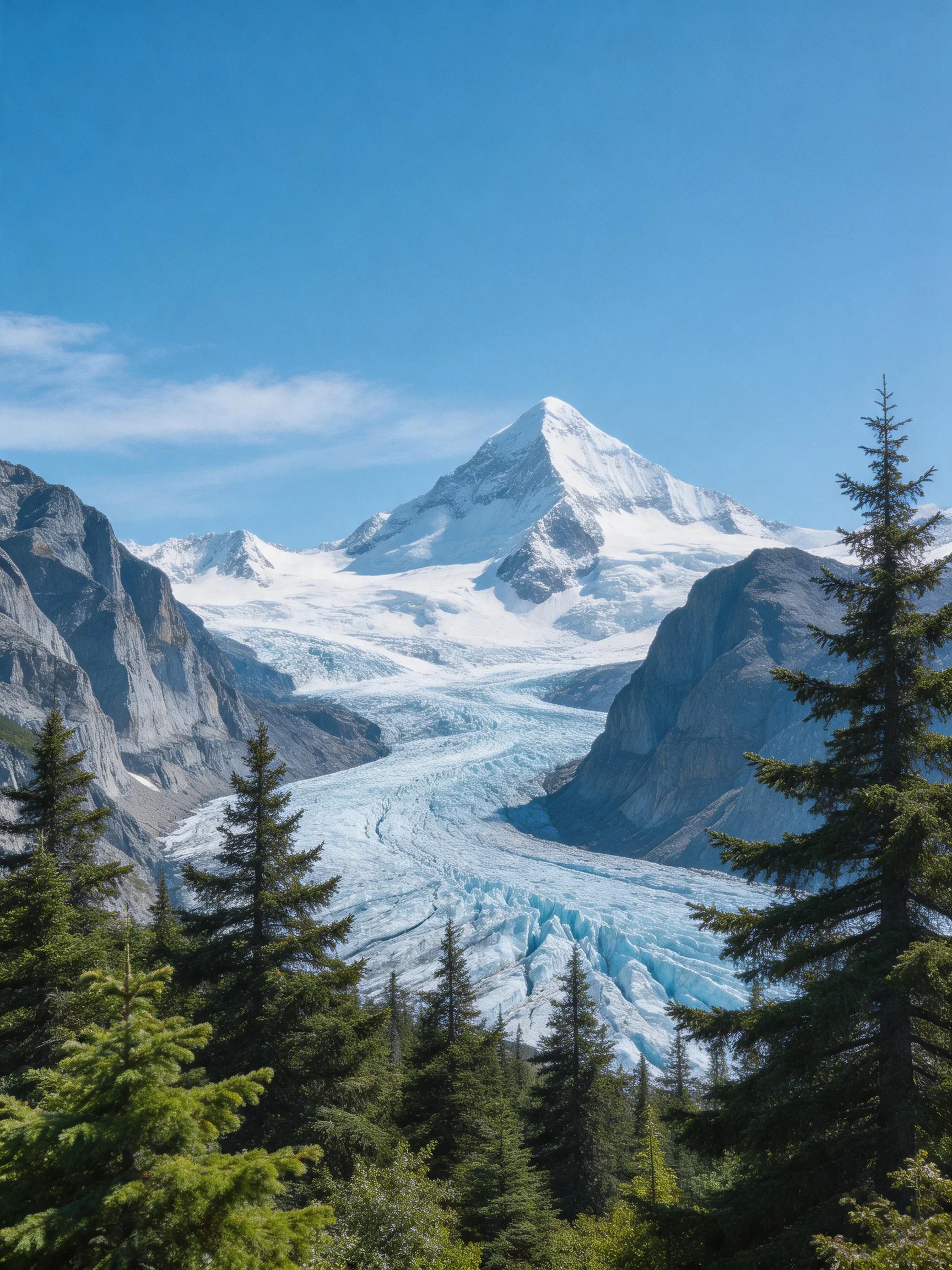 Snow - capped mountain overlooks glacial valley with evergreen forest