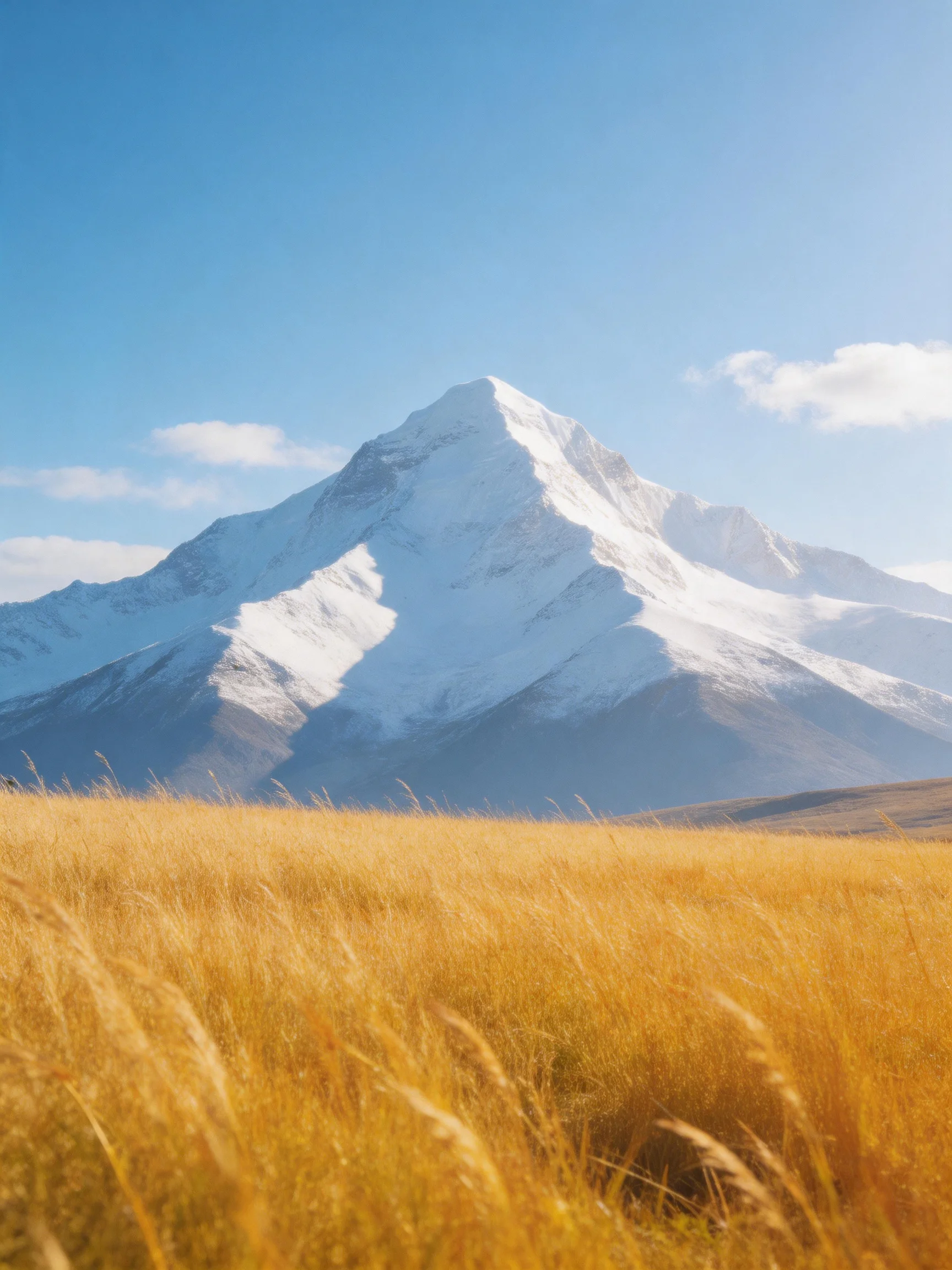 Snow - capped mountain overlooks golden grassland beneath clear blue sky