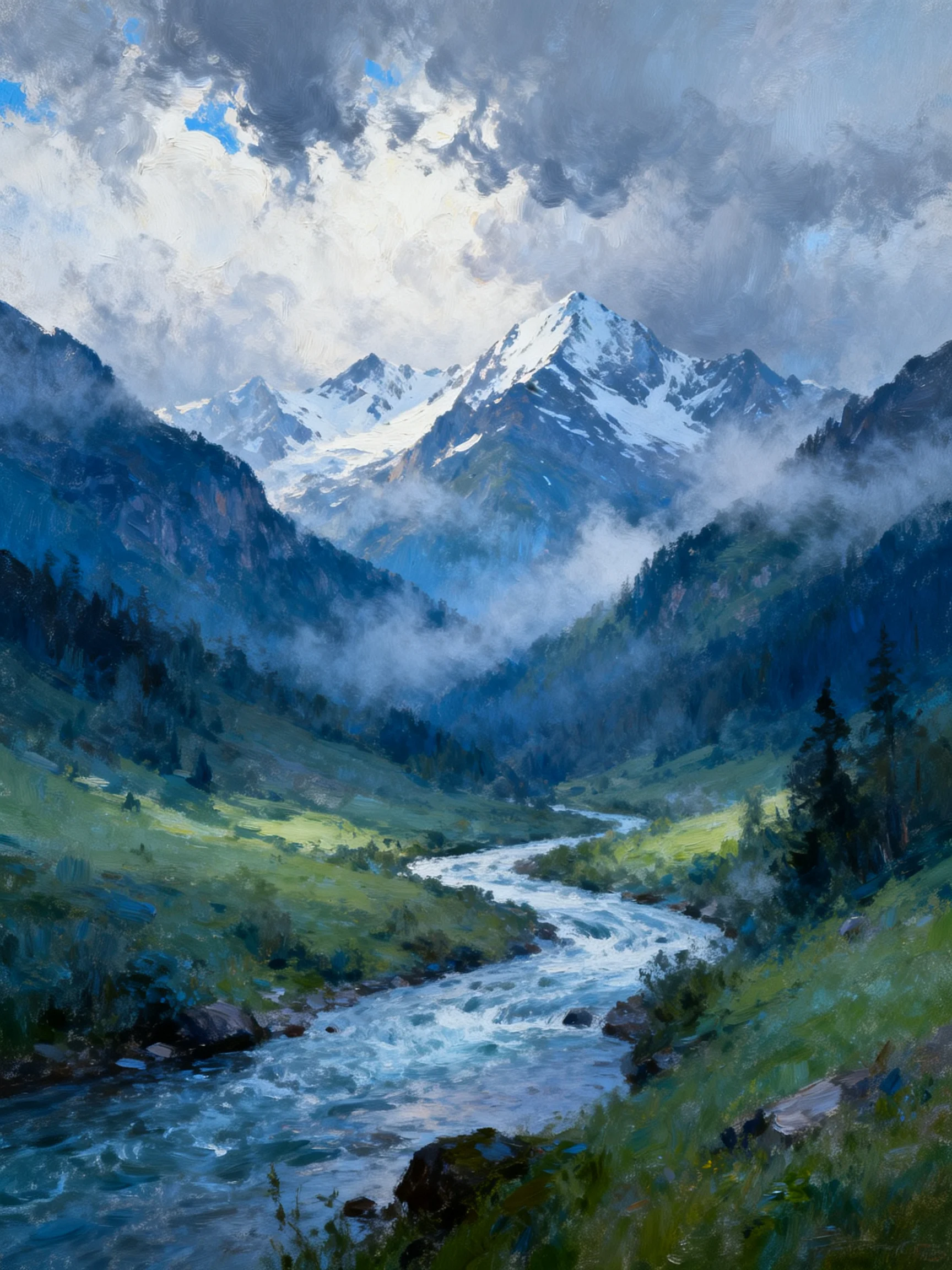Snow - capped mountain peak over misty valley with winding river