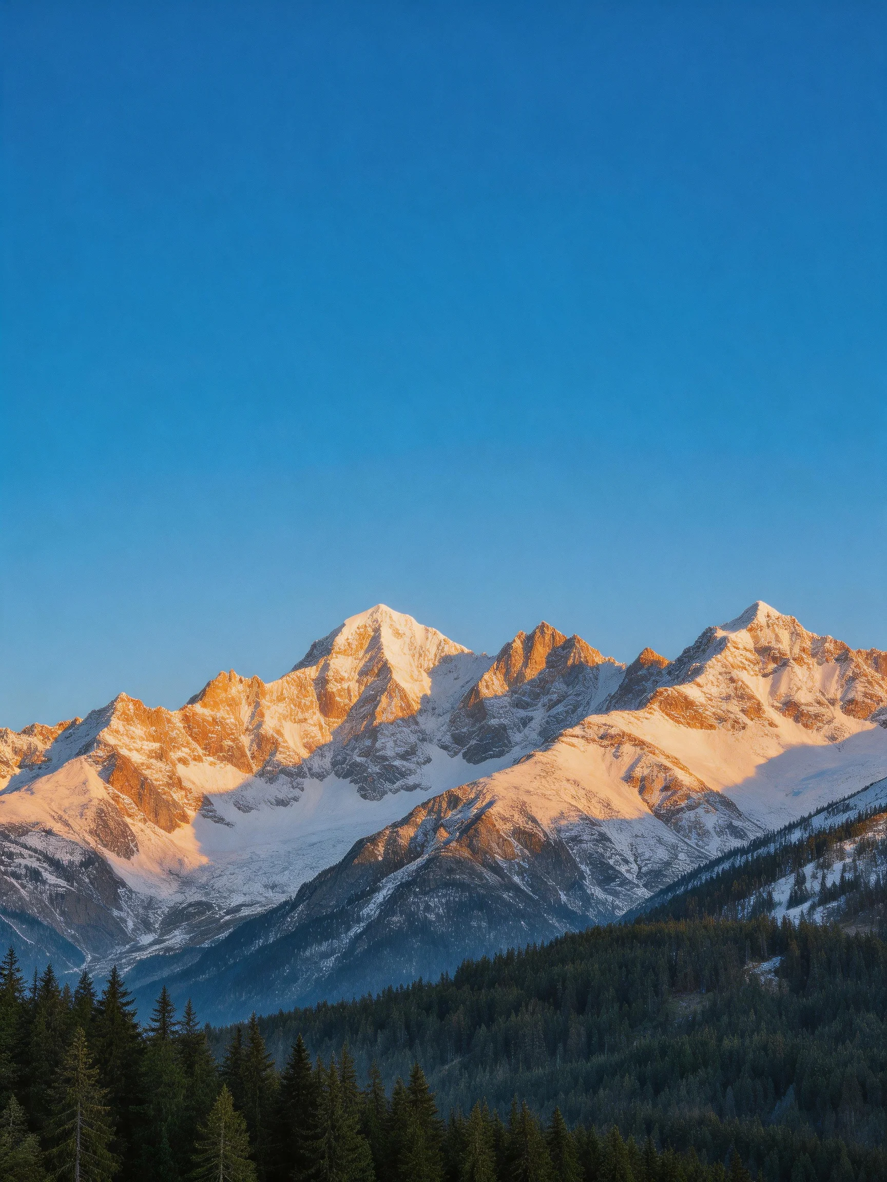 Snow - capped mountain peaks illuminated by golden sunlight against a clear blue sky