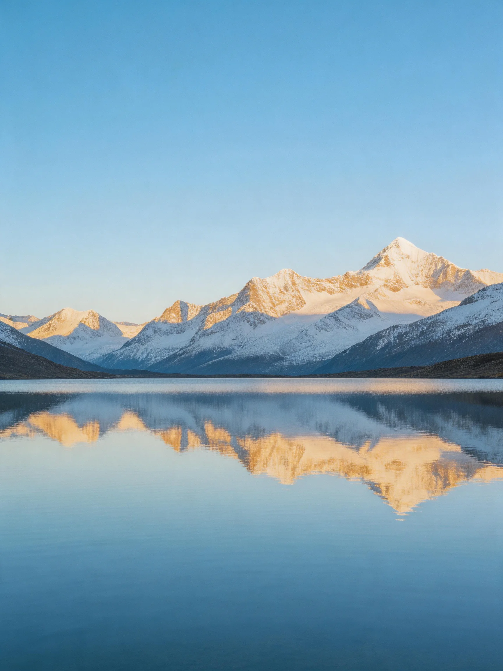 Snow - capped mountain peaks reflect in a calm blue lake under clear sky