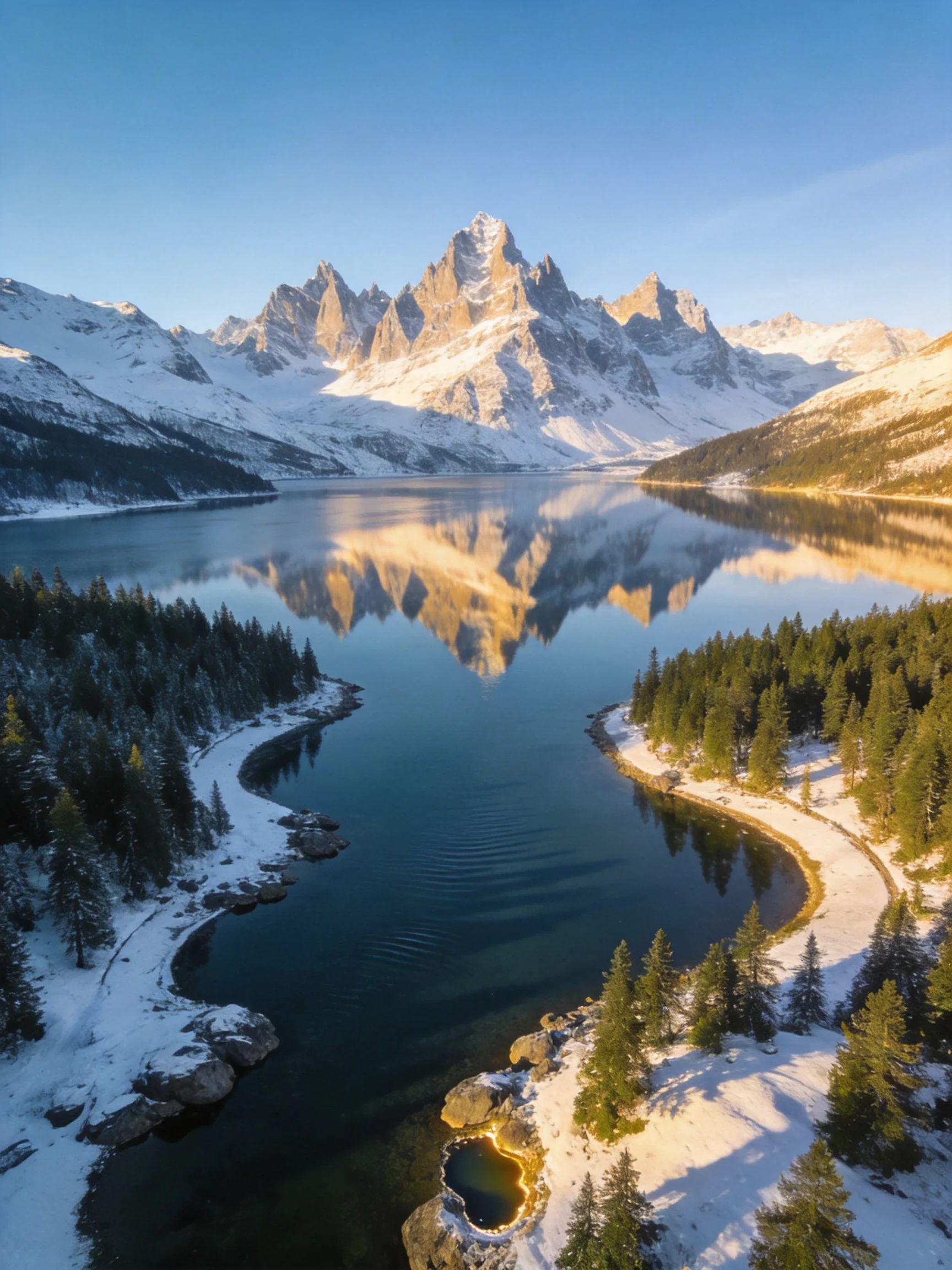Snow - capped mountain peaks reflecting in a serene winter lake
