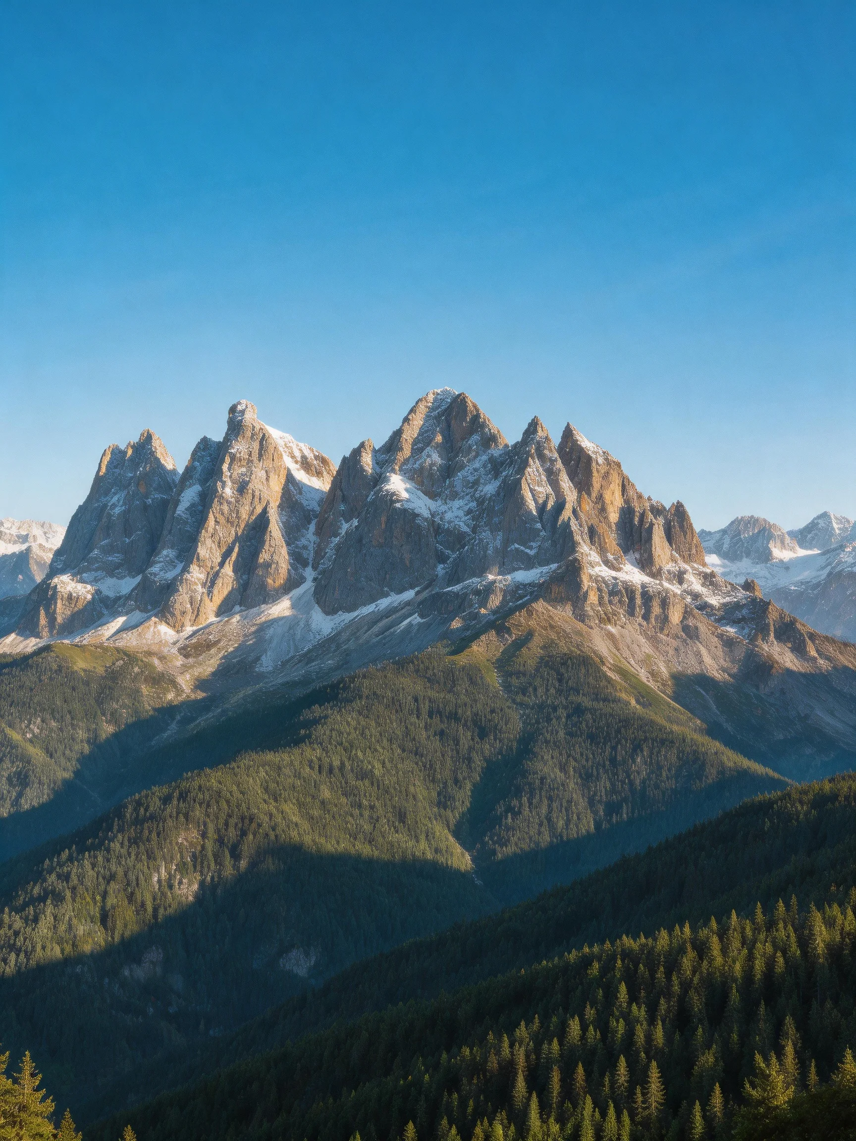 Snow - capped mountain peaks rise above dense green forests under a clear blue sky