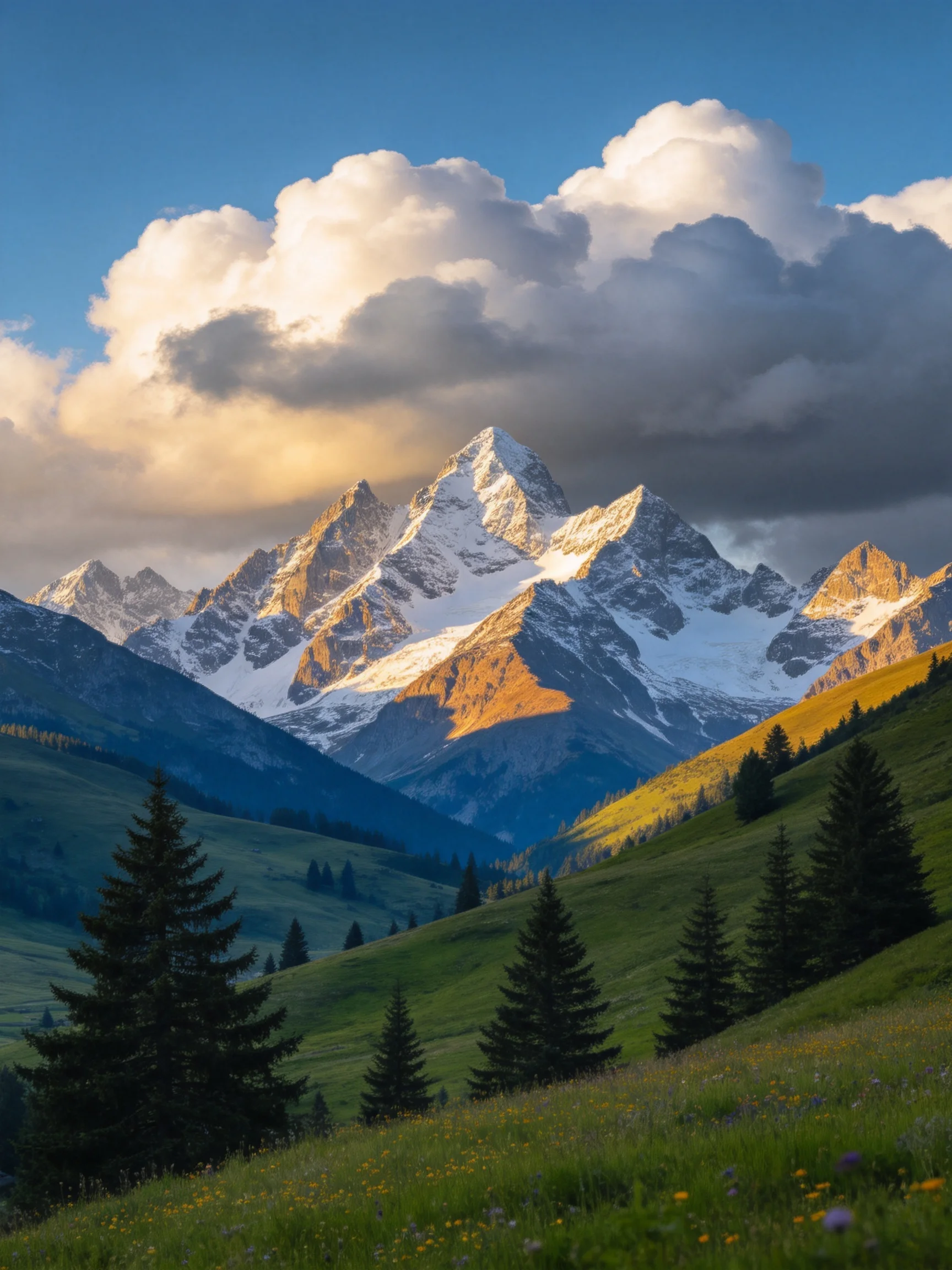 Snow - capped mountain peaks rise above lush green valleys under dramatic cloud - filled skies