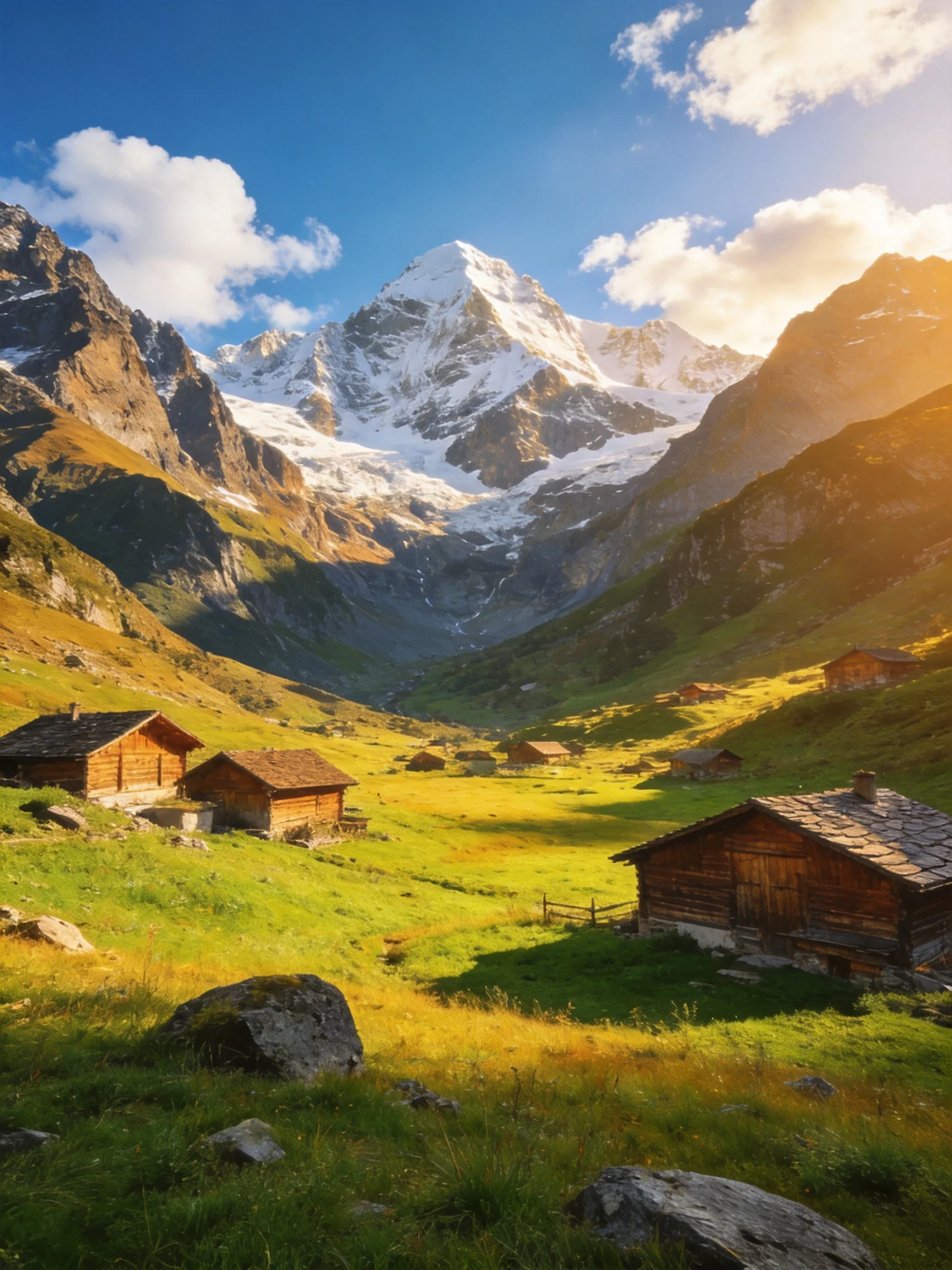 Snow - capped mountain peaks tower over rustic wooden cabins in a lush valley