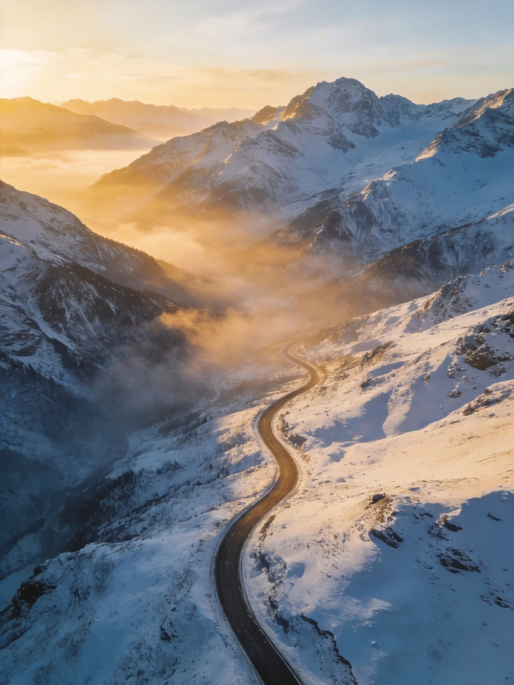 Snow - capped mountain peaks with a winding road under golden morning light