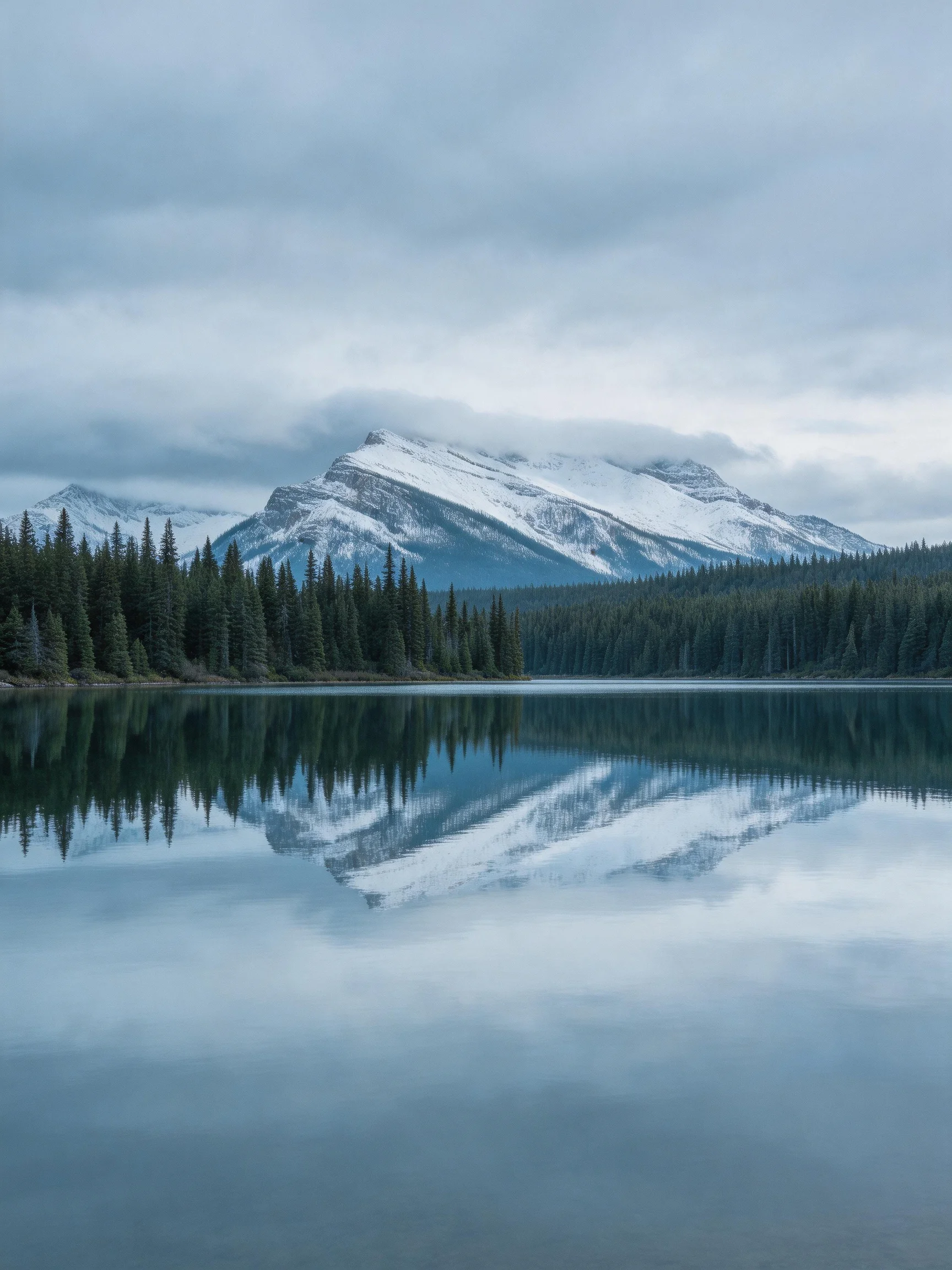 Snow - capped mountain reflected in calm blue lake with dense evergreen forest