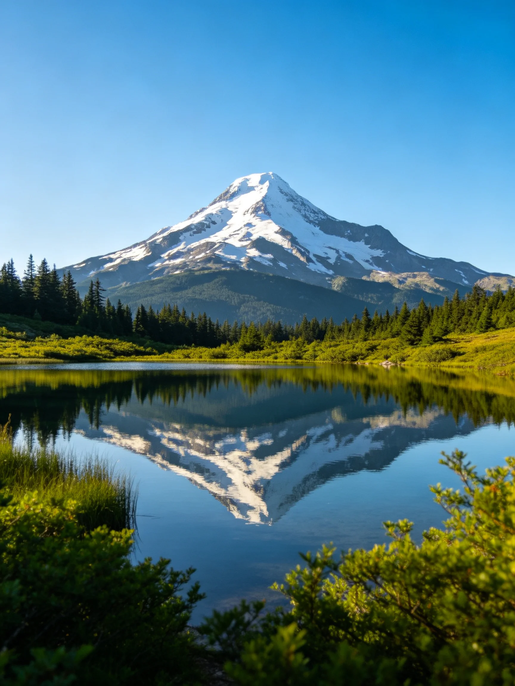 Snow - capped mountain reflected in calm blue lake with green vegetation