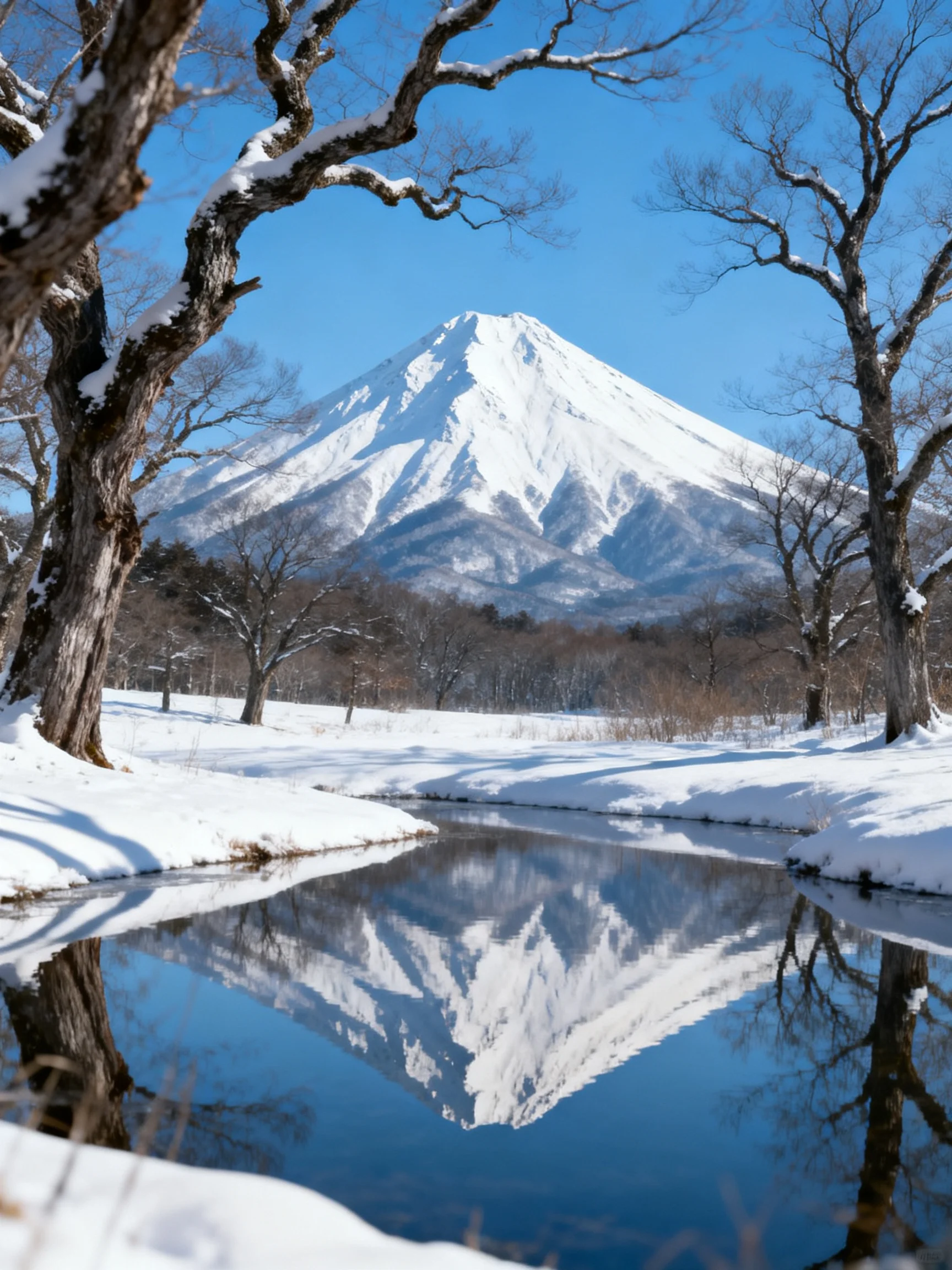 Snow - capped mountain reflected in icy stream with frosty trees