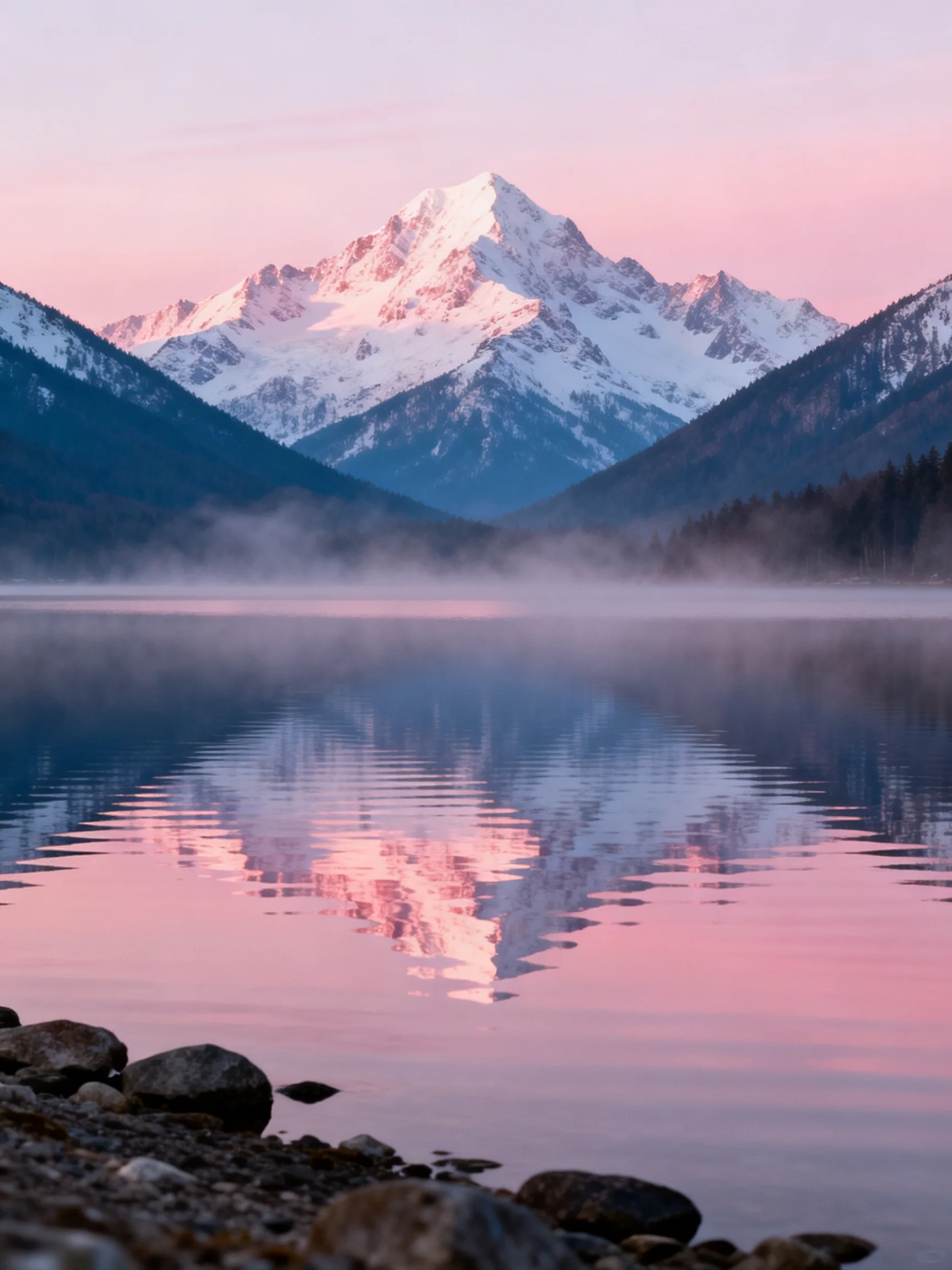 Snow - capped mountain reflected in misty lake under pink dawn sky
