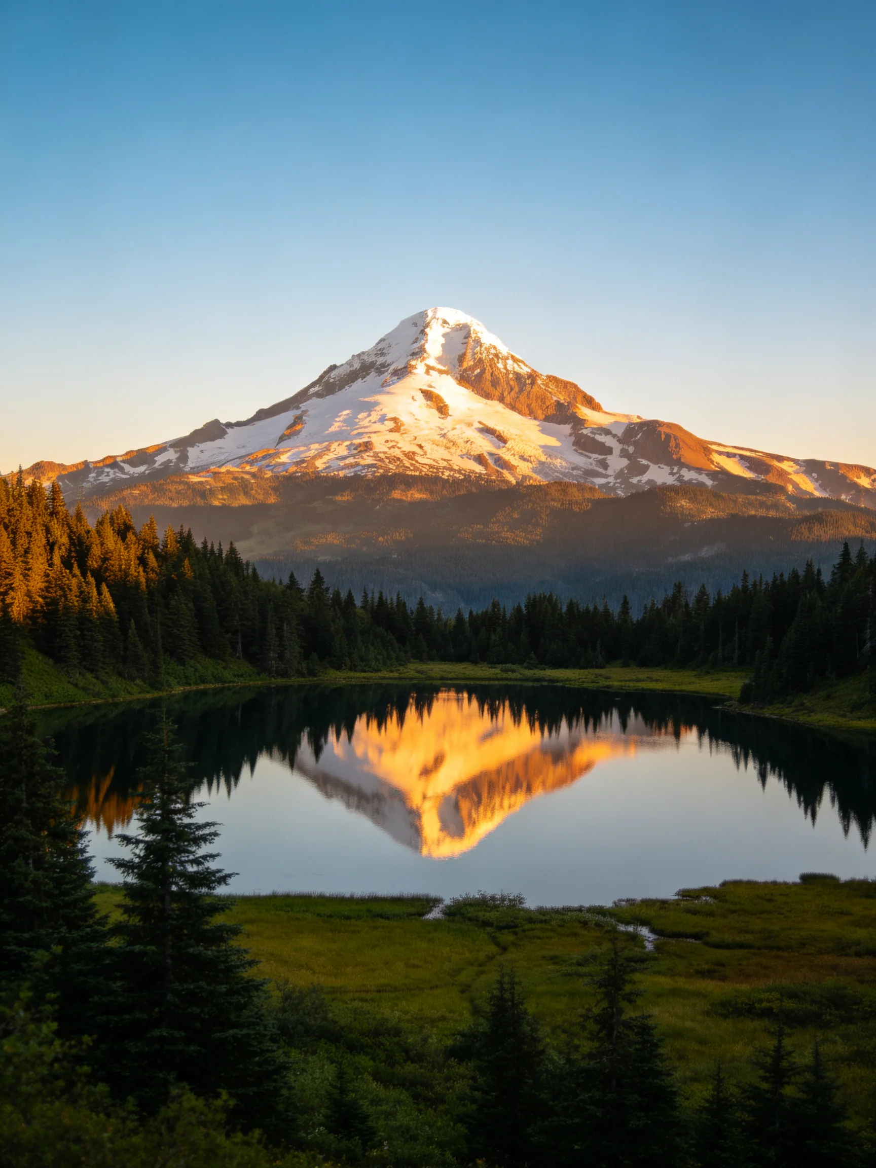 Snow - capped mountain reflected in tranquil lake with forest surroundings
