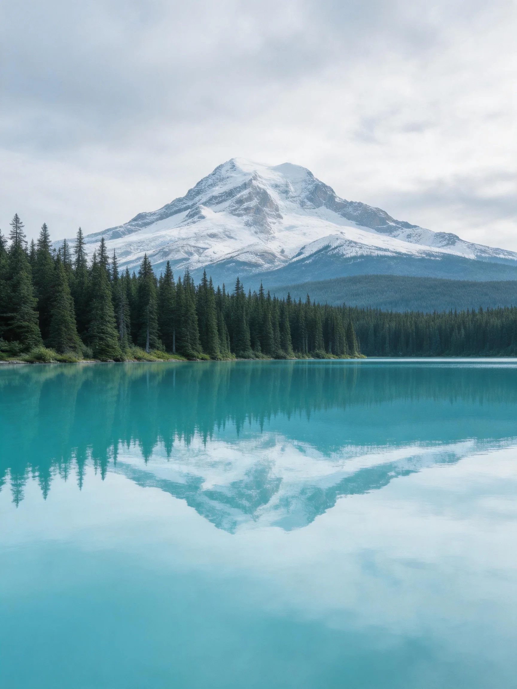 Snow - capped mountain reflected in turquoise lake with dense evergreen forest