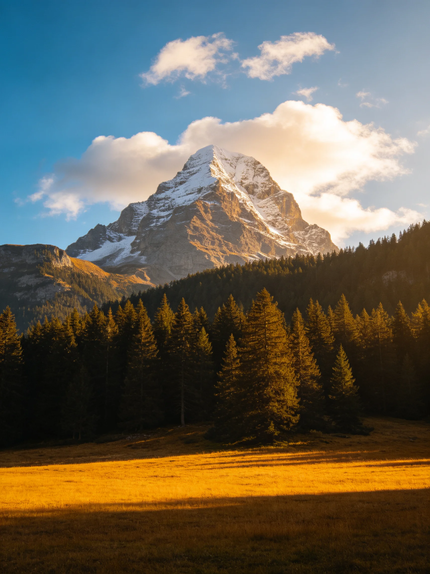 Snow - capped mountain rises above pine forest and golden meadow