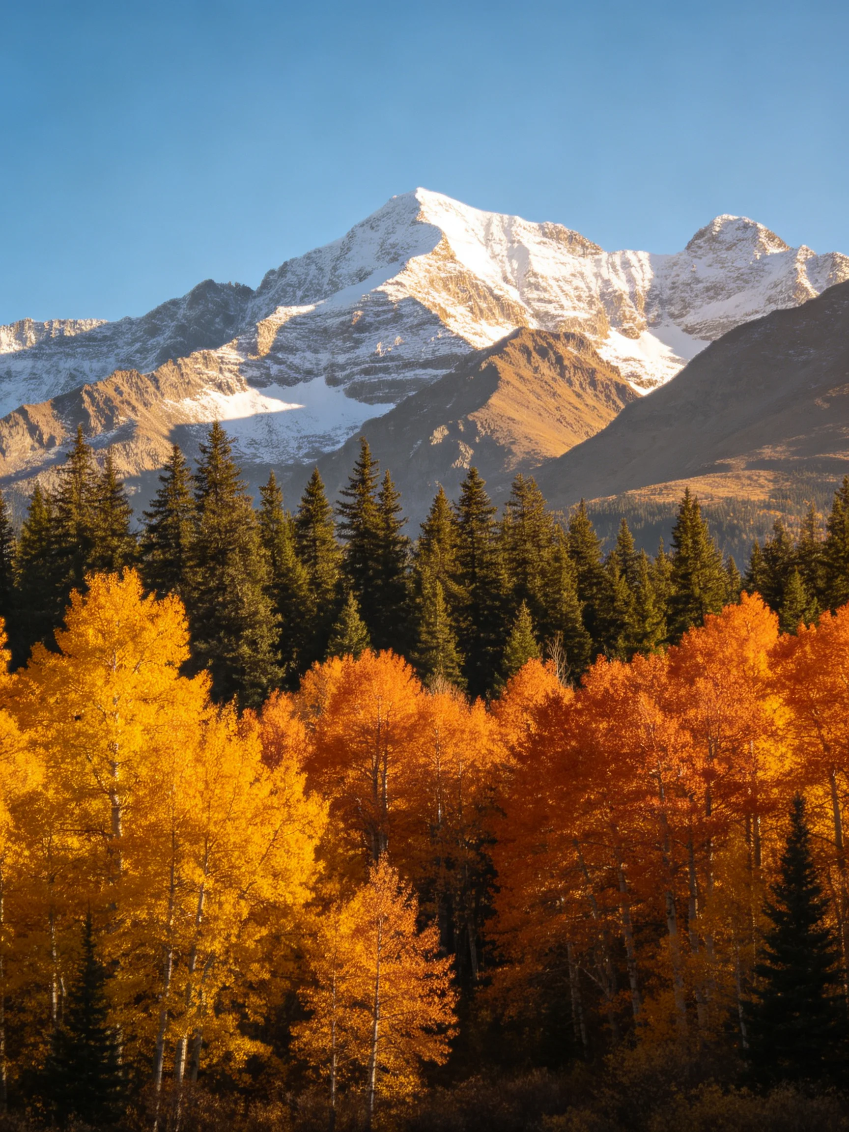 Snow - capped mountain rises above vibrant autumn trees and evergreen forest
