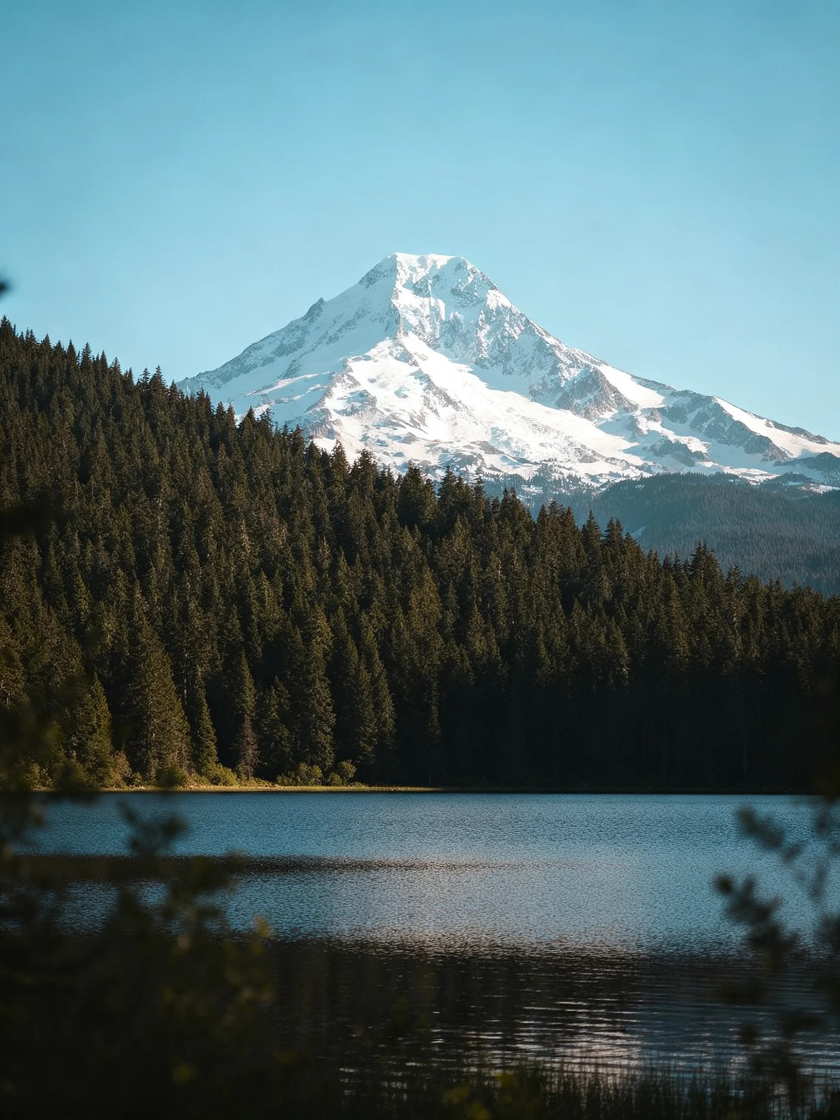 Snow - capped mountain rises behind dense evergreen forest near calm lake