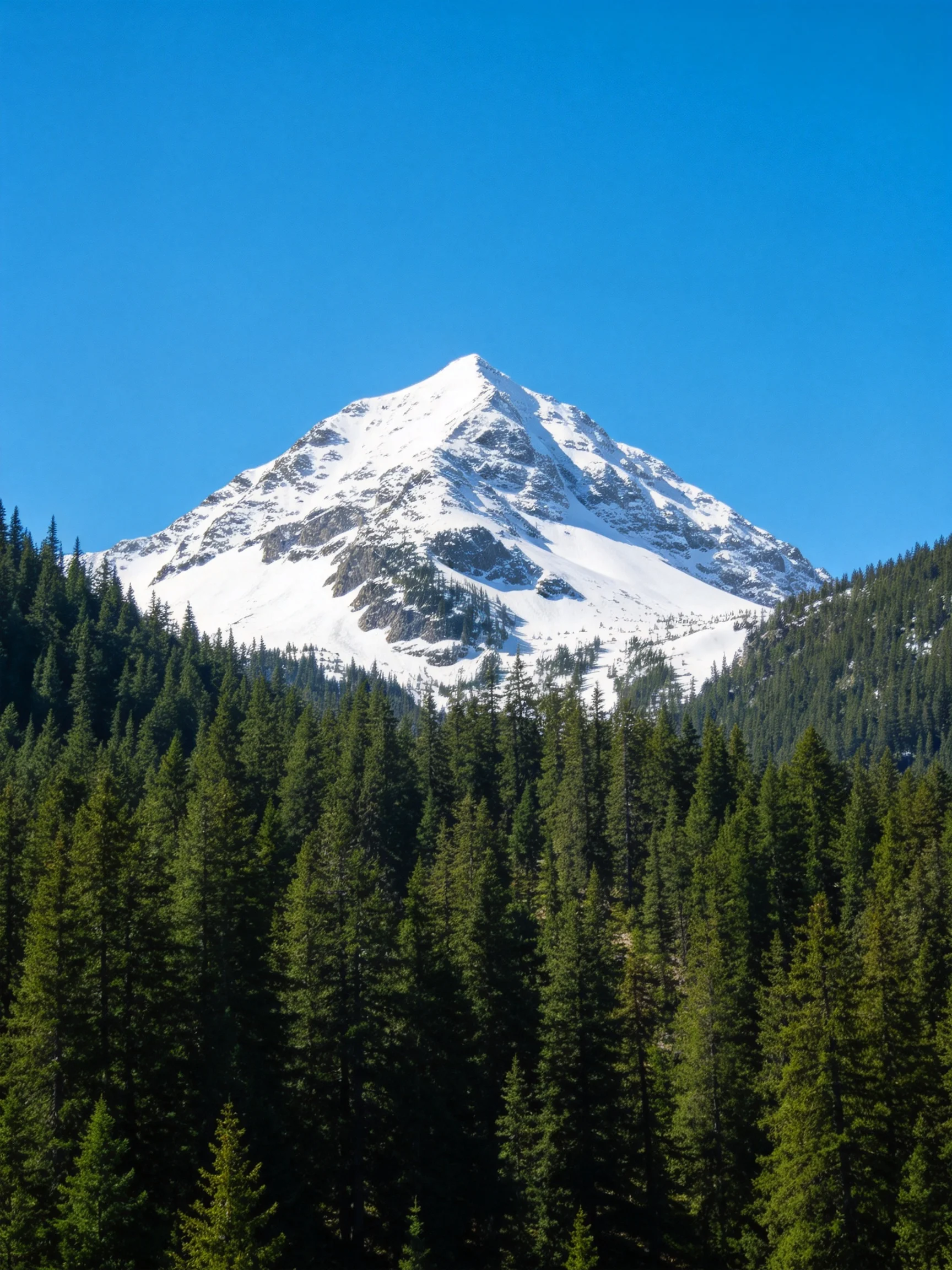 Snow - capped mountain towers over dense evergreen forests under bright blue sky