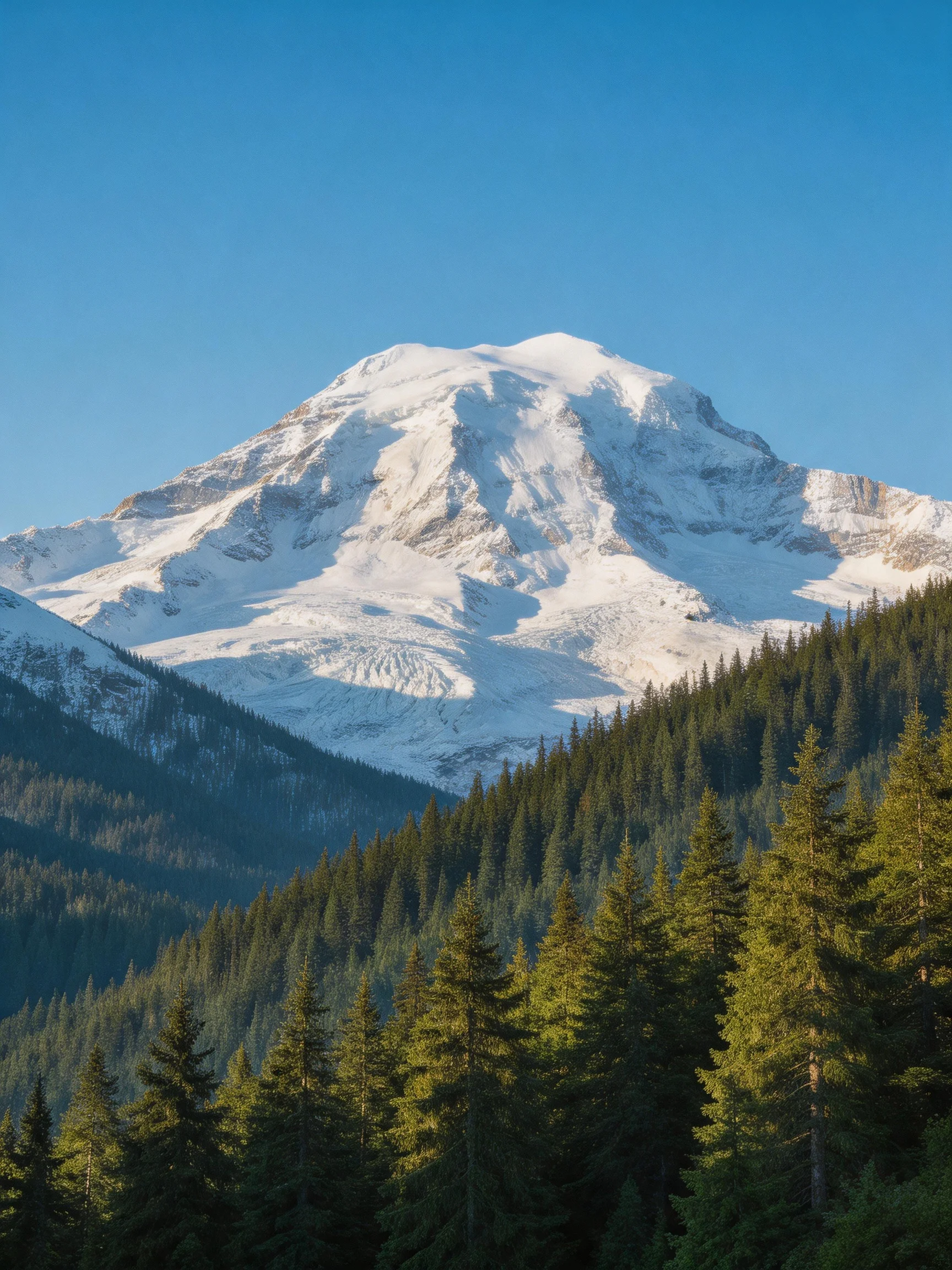 Snow - capped mountain towers over dense green forest under clear blue sky