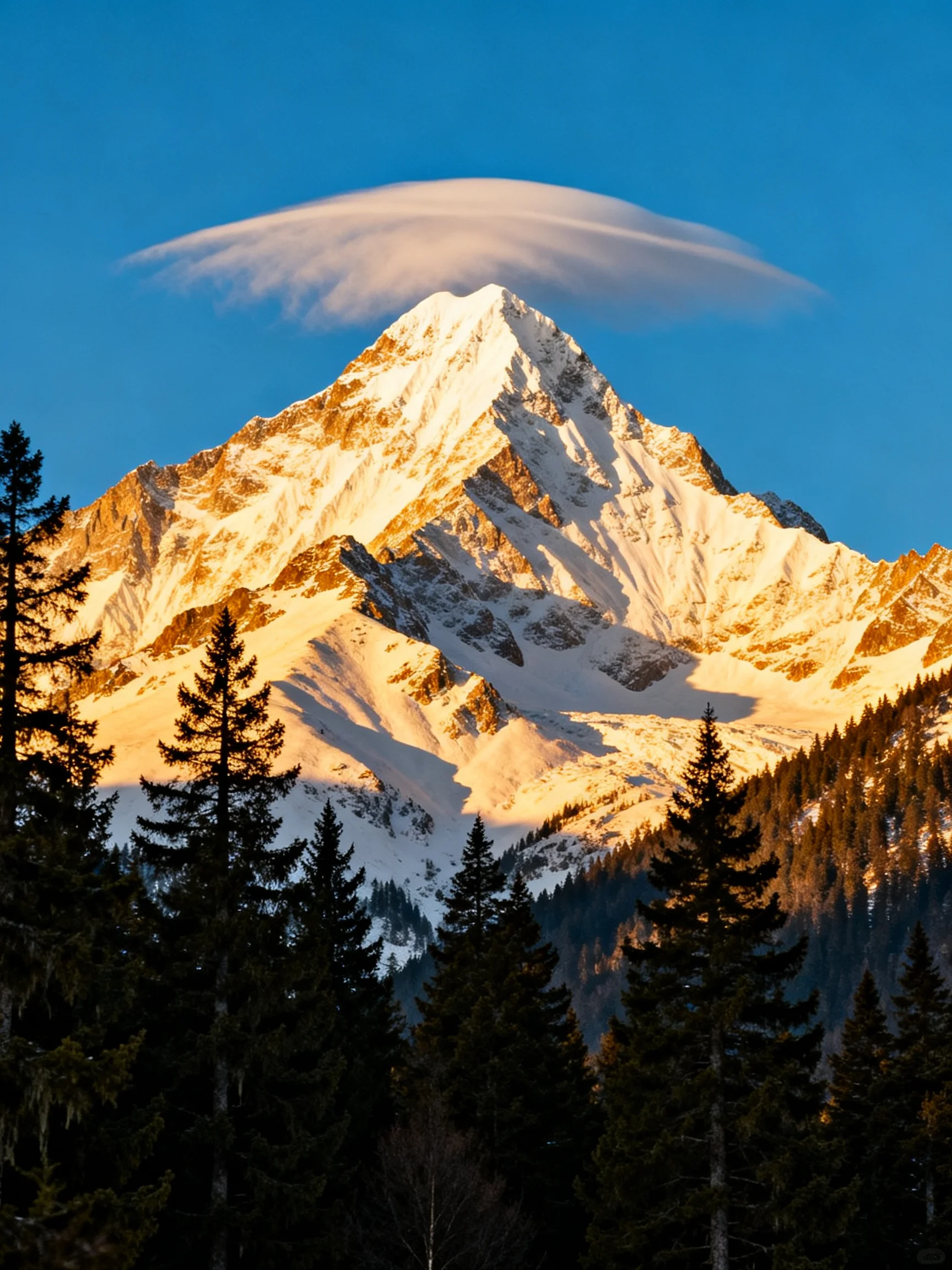 Snow - capped mountain with lenticular cloud over pine forest
