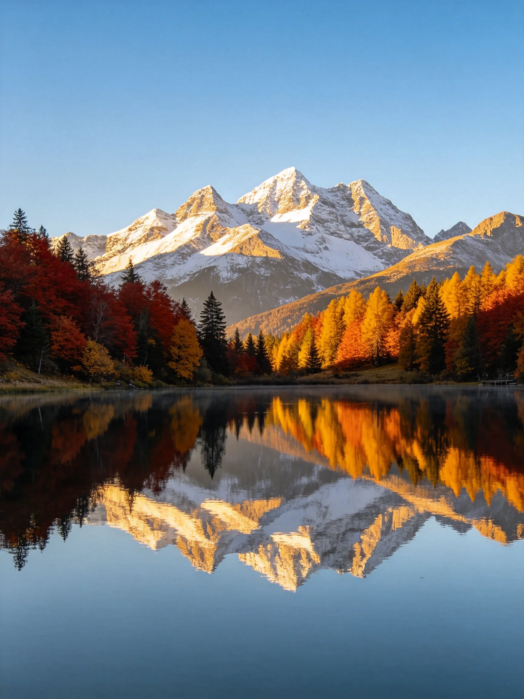 Snow - capped mountains and vibrant fall trees reflect in a calm lake