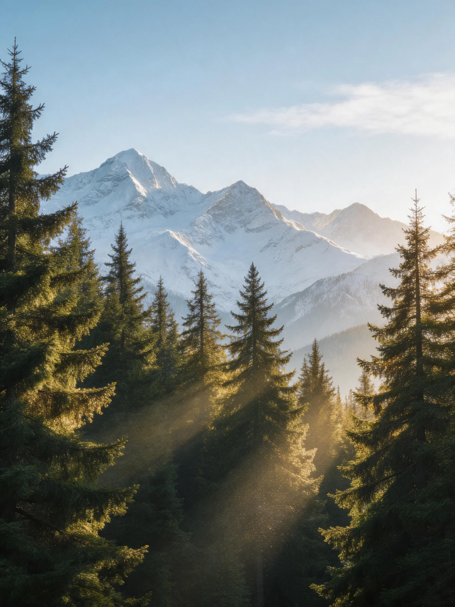Snow - capped mountains beyond dense evergreen forest with golden sunlight