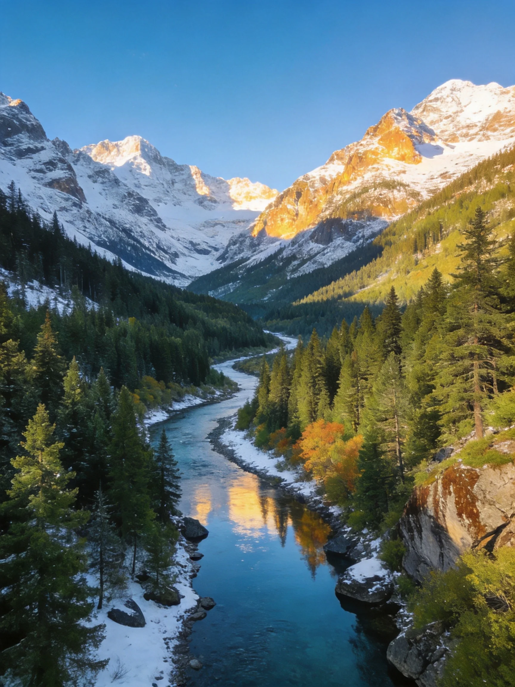 Snow - capped mountains frame a winding turquoise river through mixed forests.