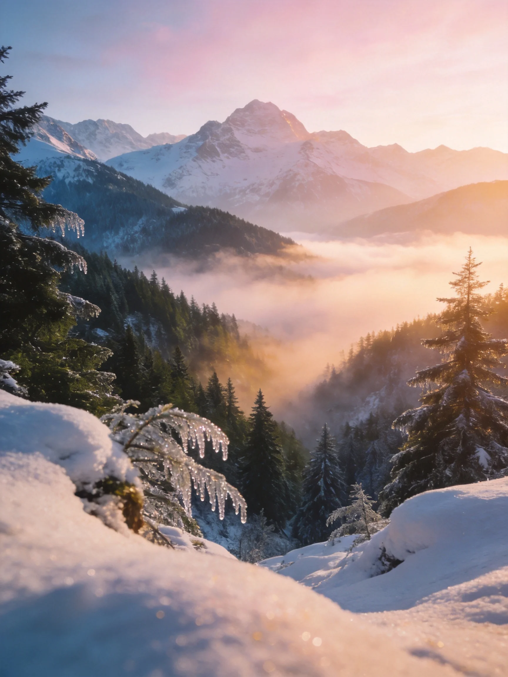 Snow - capped mountains, frosty evergreen forests, and golden morning light