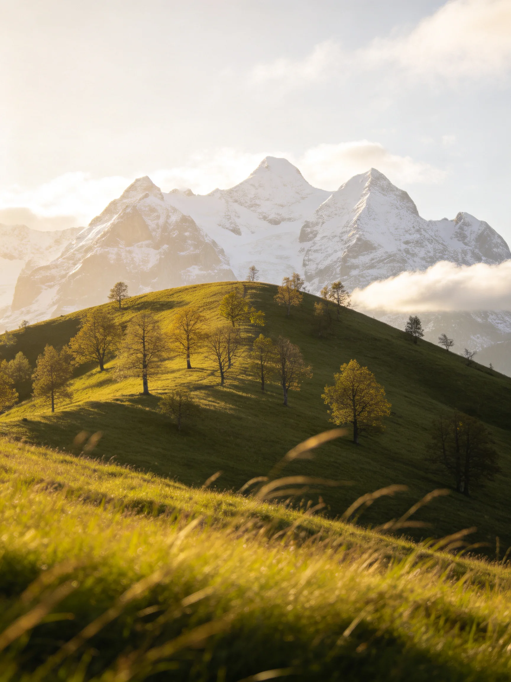 Snow - capped mountains overlook a green hill with scattered trees